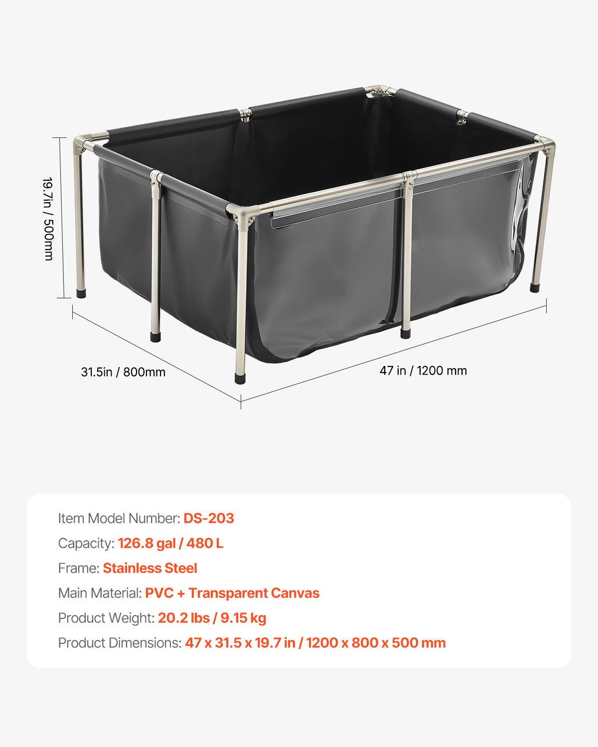 Fiskdamm i kanvas, 126,8 gallon ovanmarksdamm, PVC-koi-akvarie med genomskinlig panel, rektangulärt guldfiskakvarie med ram i rostfritt stål och dräneringsventil, för koi-odling, bevattning (svart)