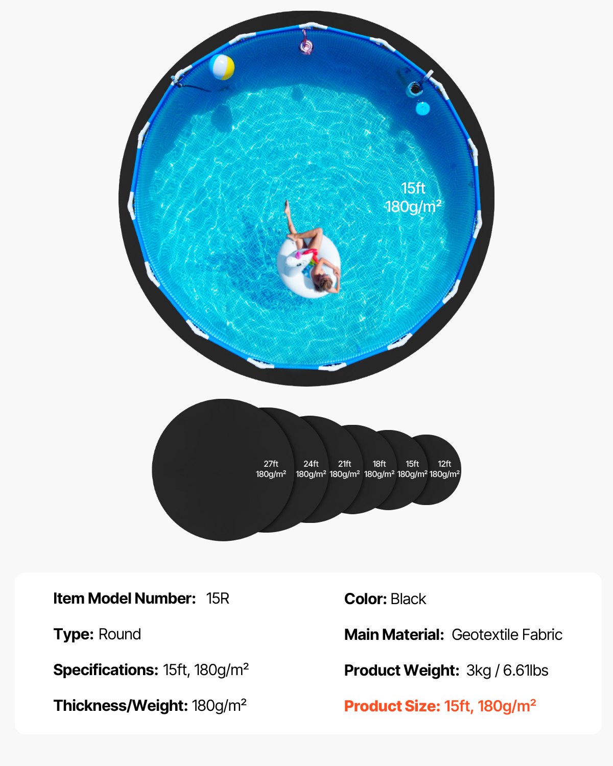 4,5 m rund poolmatta, poolmatta för ovanmarkspooler, extra tjock poolmatta, förhindrar punkteringar, underlag av återvunnet geotextilmaterial, förlänger fodrets livslängd