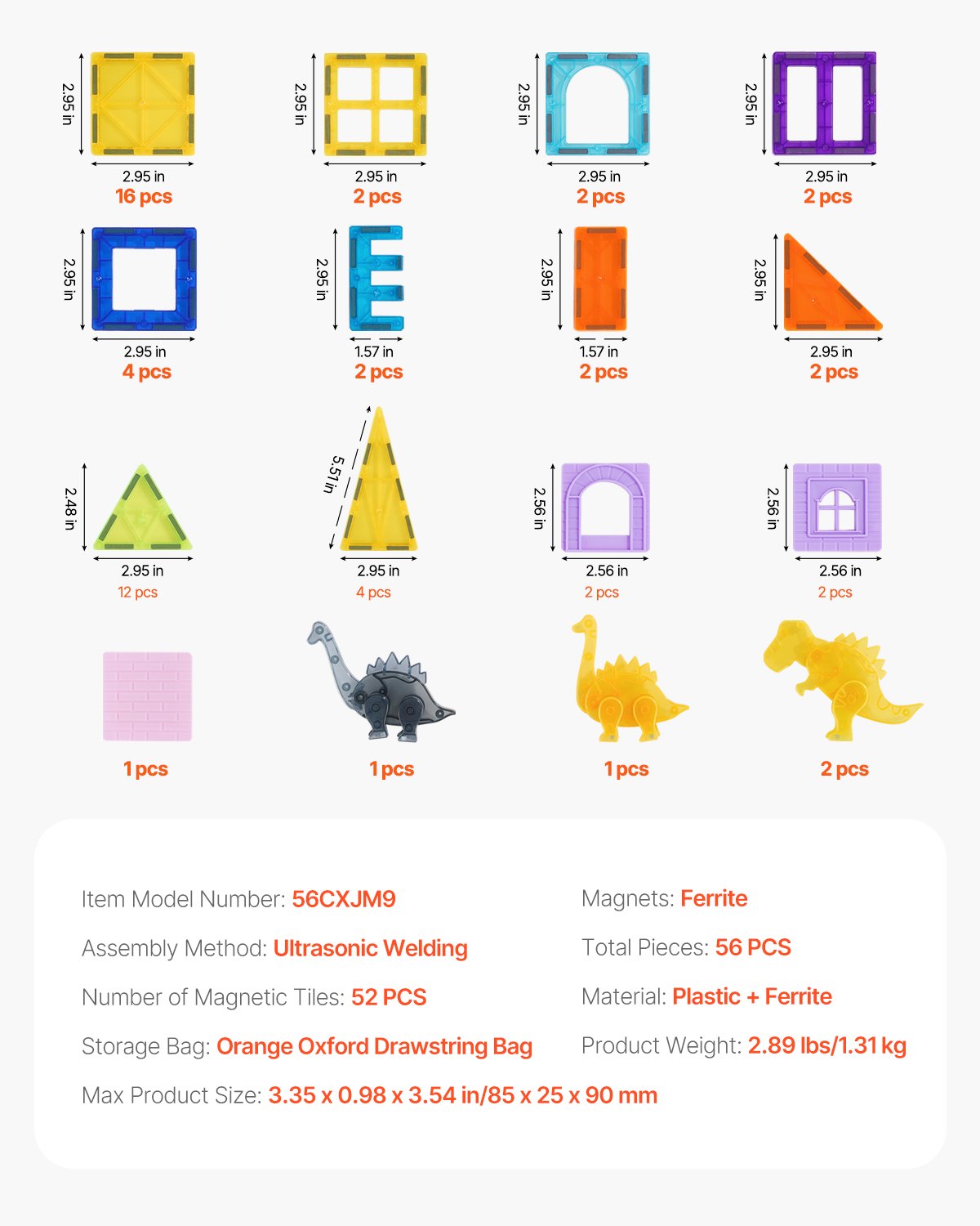 Magnetiska plattor, 56 delar magnetiska djurbyggklossar för barn, magnetbyggset med 4 dinosaurier, STEM sensoriska pedagogiska konstruktionsleksaker stapelbara present till småbarn pojkar flickor från 3 år