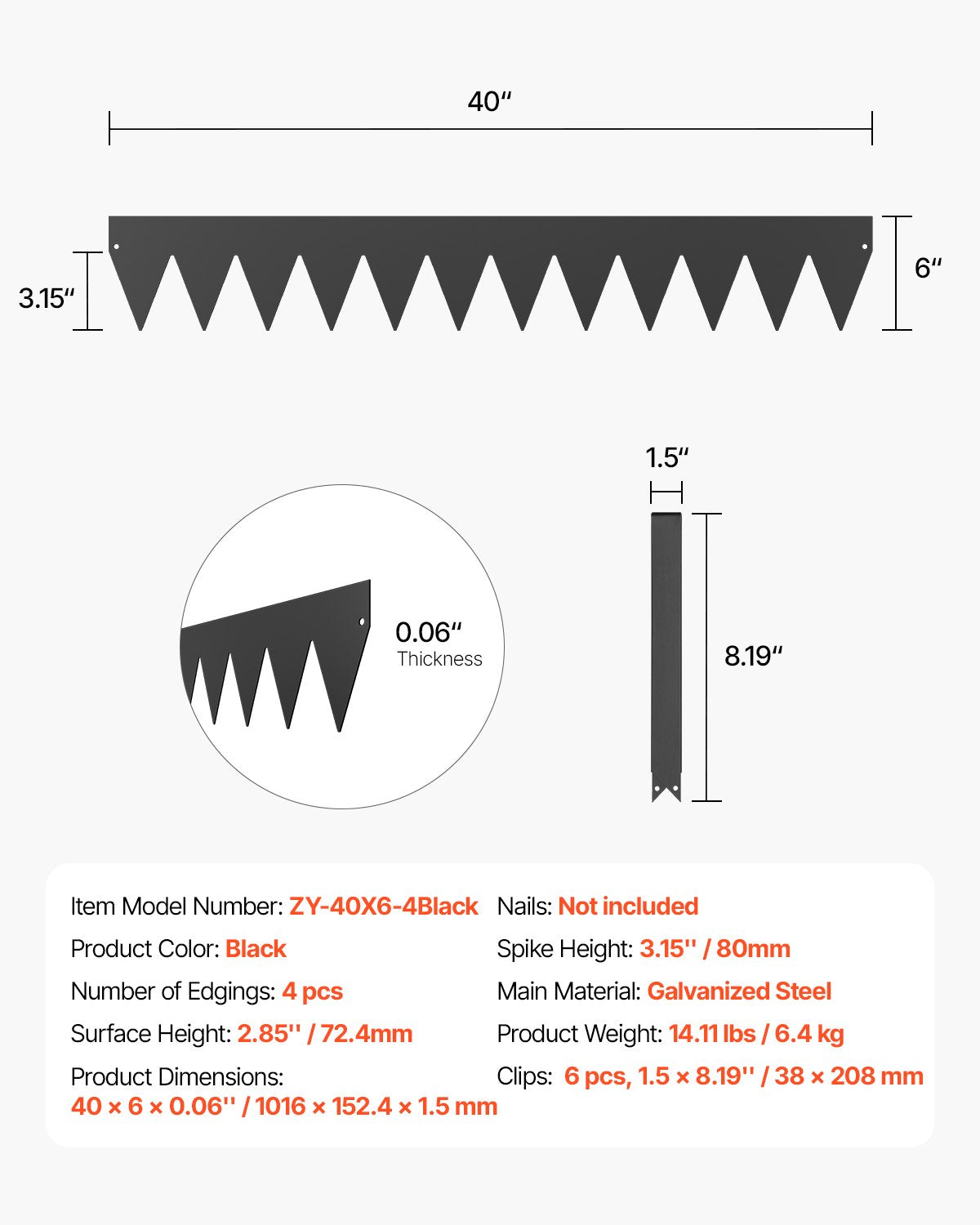 Stålkantlist, 4-pack 40 x 6 tum rostbeständig metallkantlist, böjbar trädgårdskant, kraftig gräsmatta, lätt att installera, rabattgångavdelare svart