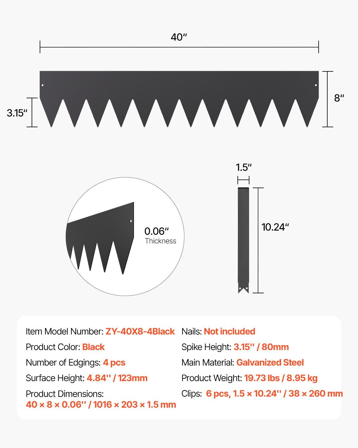 Stålkantlist, 4-pack 40 x 8 tum rostbeständig metallkantlist, böjbar trädgårdskant, kraftig gräsmatta, enkel att installera, rabattgångavdelare svart