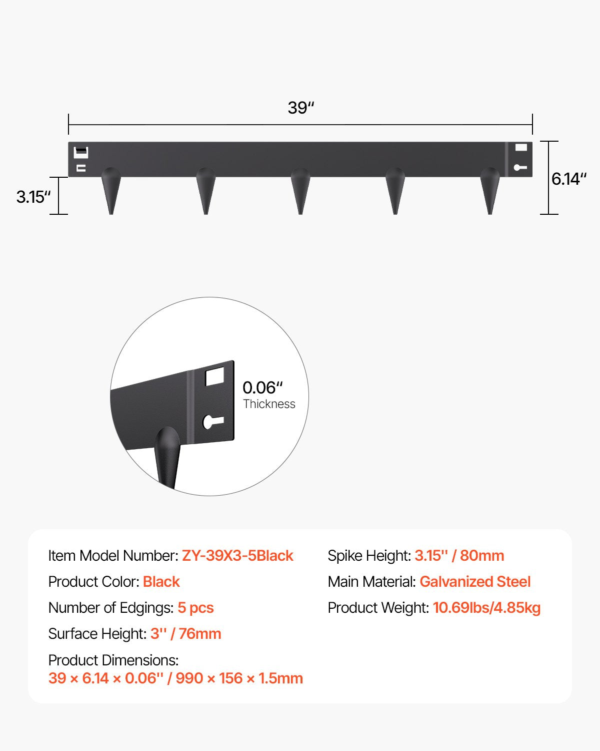 Stålkantlist, 5-pack 39 x 3 tum rostbeständig metallkantlist, böjbar trädgårdskant, kraftig gräsmatta, lätt att installera, rabattgångavdelare svart