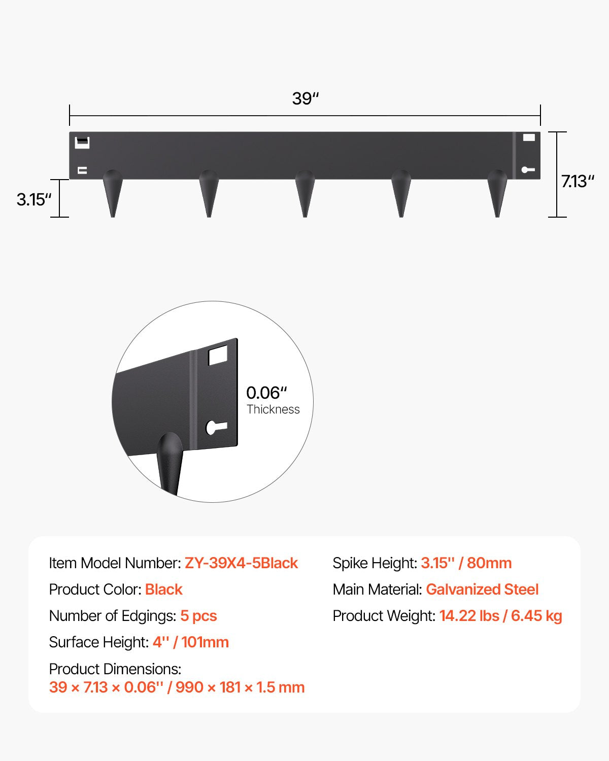 Stålkantlist, 5-pack 39 x 4 tum rostbeständig metallkantlist, böjbar trädgårdskant, kraftig gräsmatta, enkel att installera, rabattgångavdelare svart