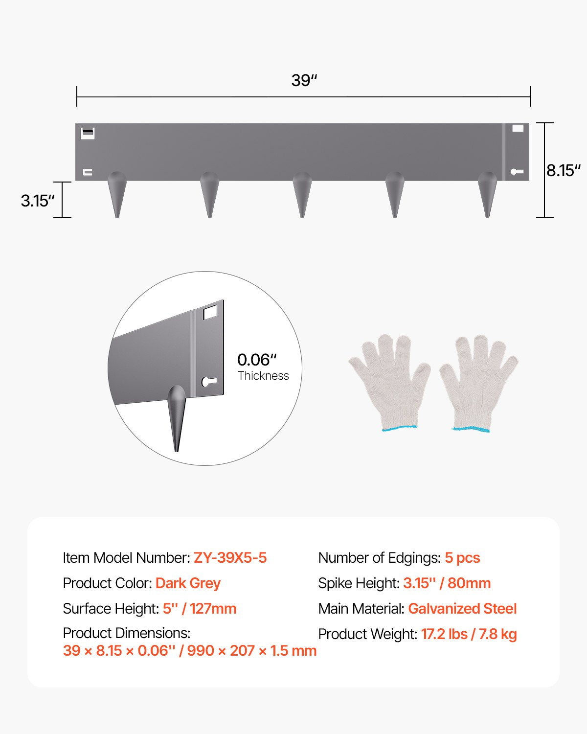 Stålkantlist, 5-pack 39 x 5 tum rostbeständig metallkantlist, böjbar trädgårdskant, kraftig gräsmatta, enkel att installera, rabattgångavdelare mörkgrå