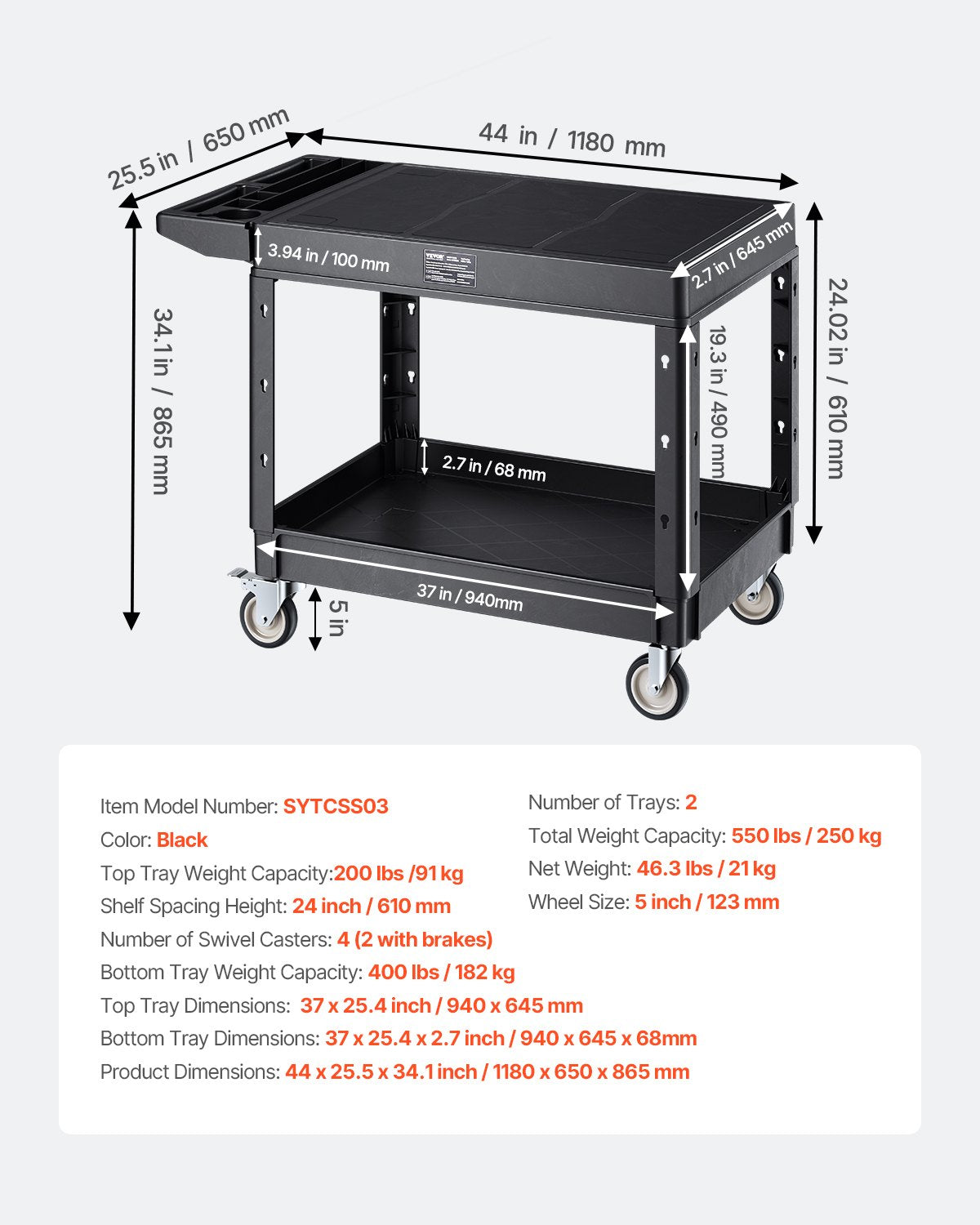 Verktygsvagn, 227 kg lastkapacitet, 94 x 61 cm servicevagn, kraftig verktygsvagn i plast med två hyllor och 360° svängbara hjul (2 med bromsar), lämplig för lager, garage, städning