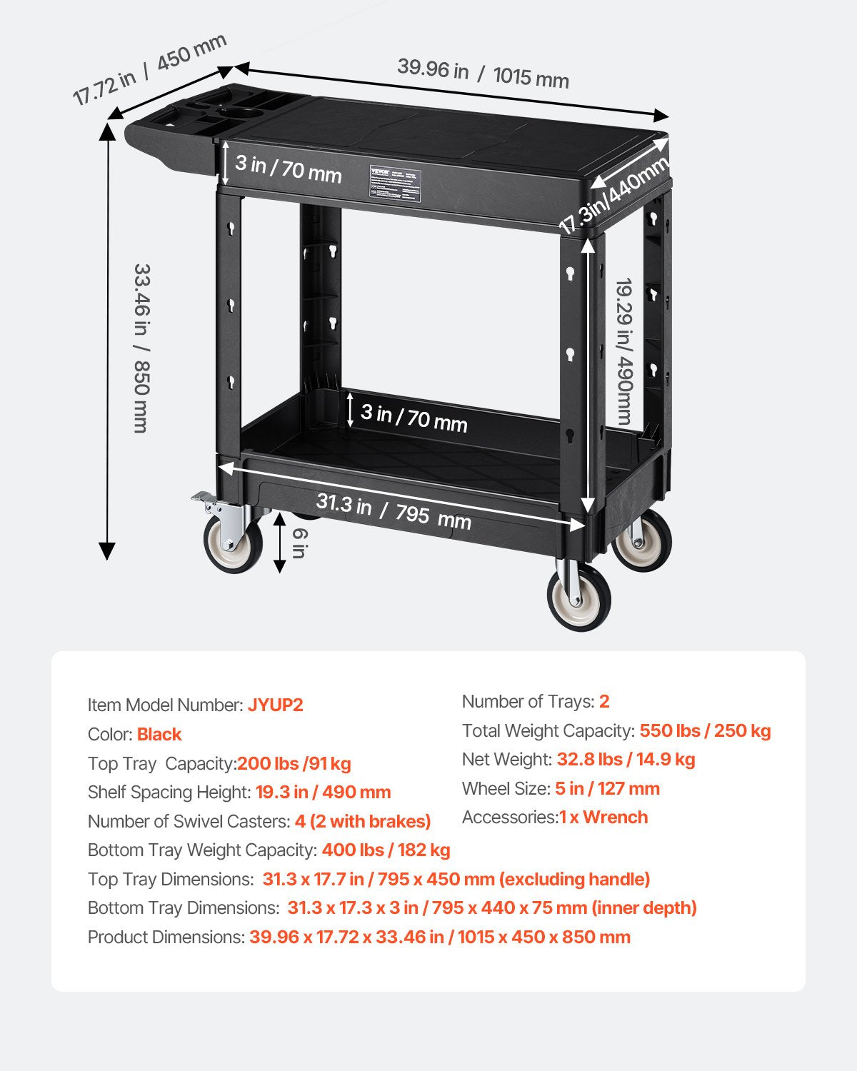 Verktygsvagn, 227 kg lastkapacitet, 84 x 44 cm servicevagn, kraftig verktygsvagn i plast med två hyllor och 360° svängbara hjul (2 med bromsar), lämplig för lager, garage, städning