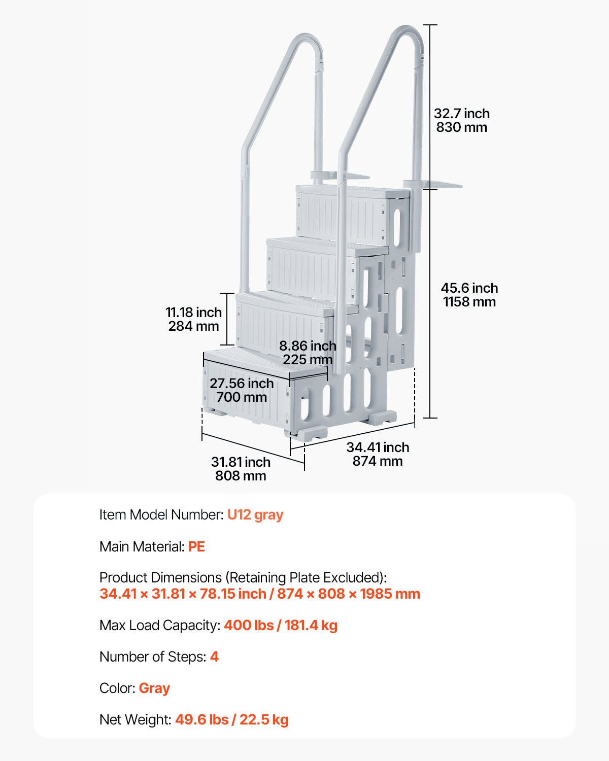 Poolstege, 4-stegs dubbla ledstänger med halkfria, kraftiga steg, pålitlig maxlastkapacitet på 180 kg, för 122-142 cm nedgrävda och ovanmarkspooler på alla typer av däckytor, grå