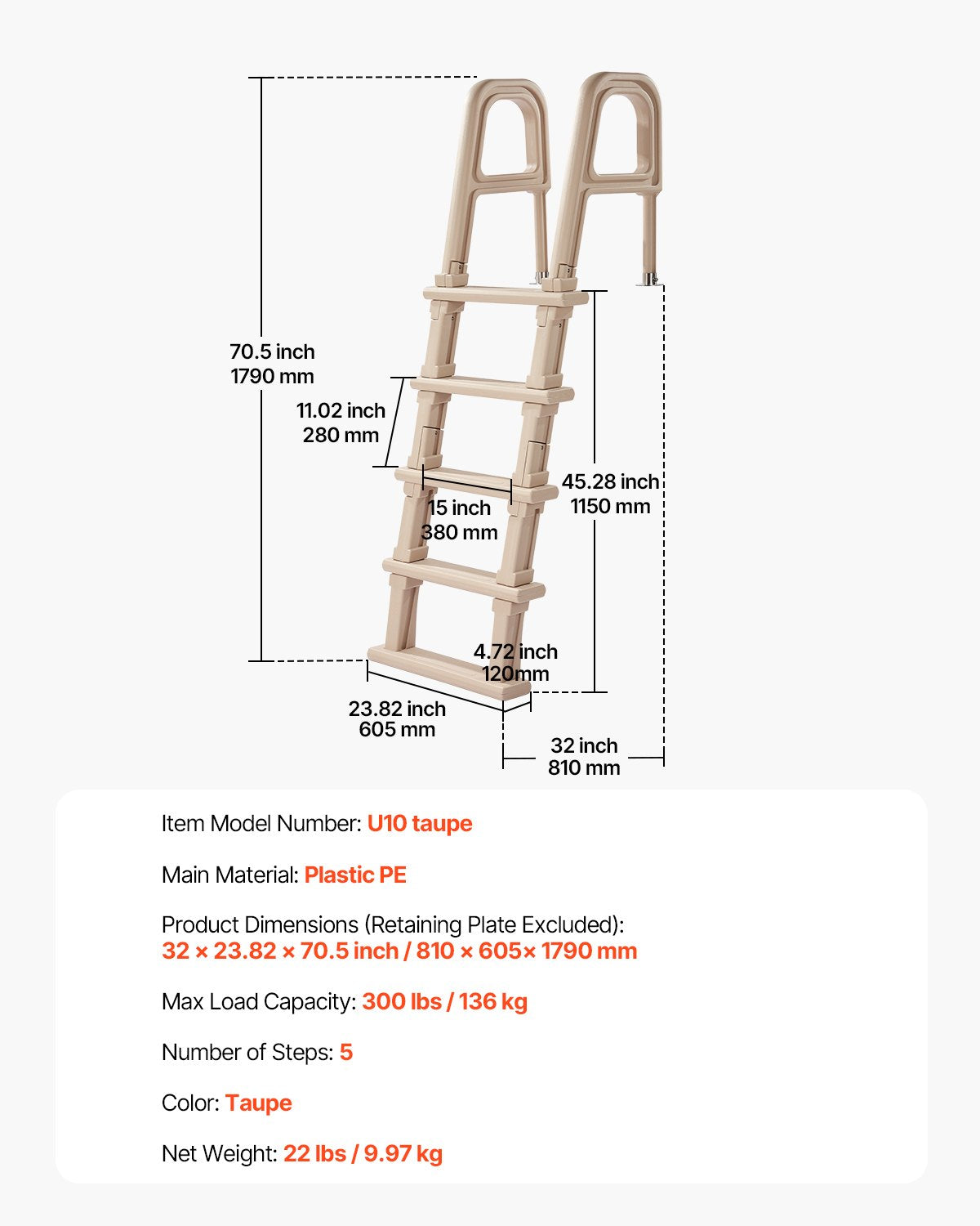 Poolstege, lutande 5-stegs dubbla ledstänger, halkfritt kraftigt steg, lastkapacitet 136 kg, för 122-142 cm nedgrävda och ovanmarkspooler av alla typer av däckytor, inomhus och utomhus, taupe