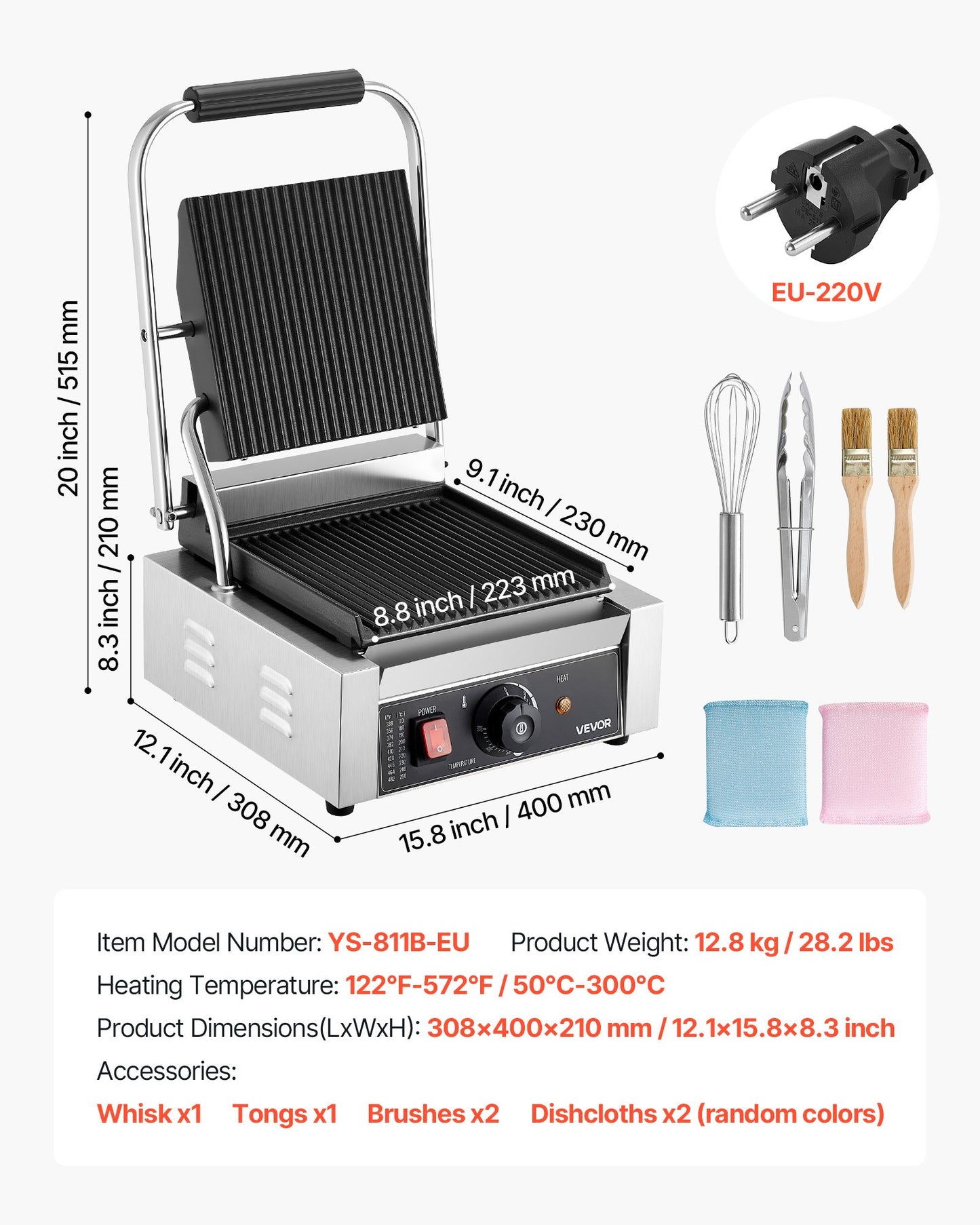 Kommersiell paninigrill, 1800W elektrisk smörgåspaninimaskin, pressgrill i rostfritt stål med handtag och temperaturkontroll, platt emaljplatta 22x23 cm, för hamburgare, biff och bacon