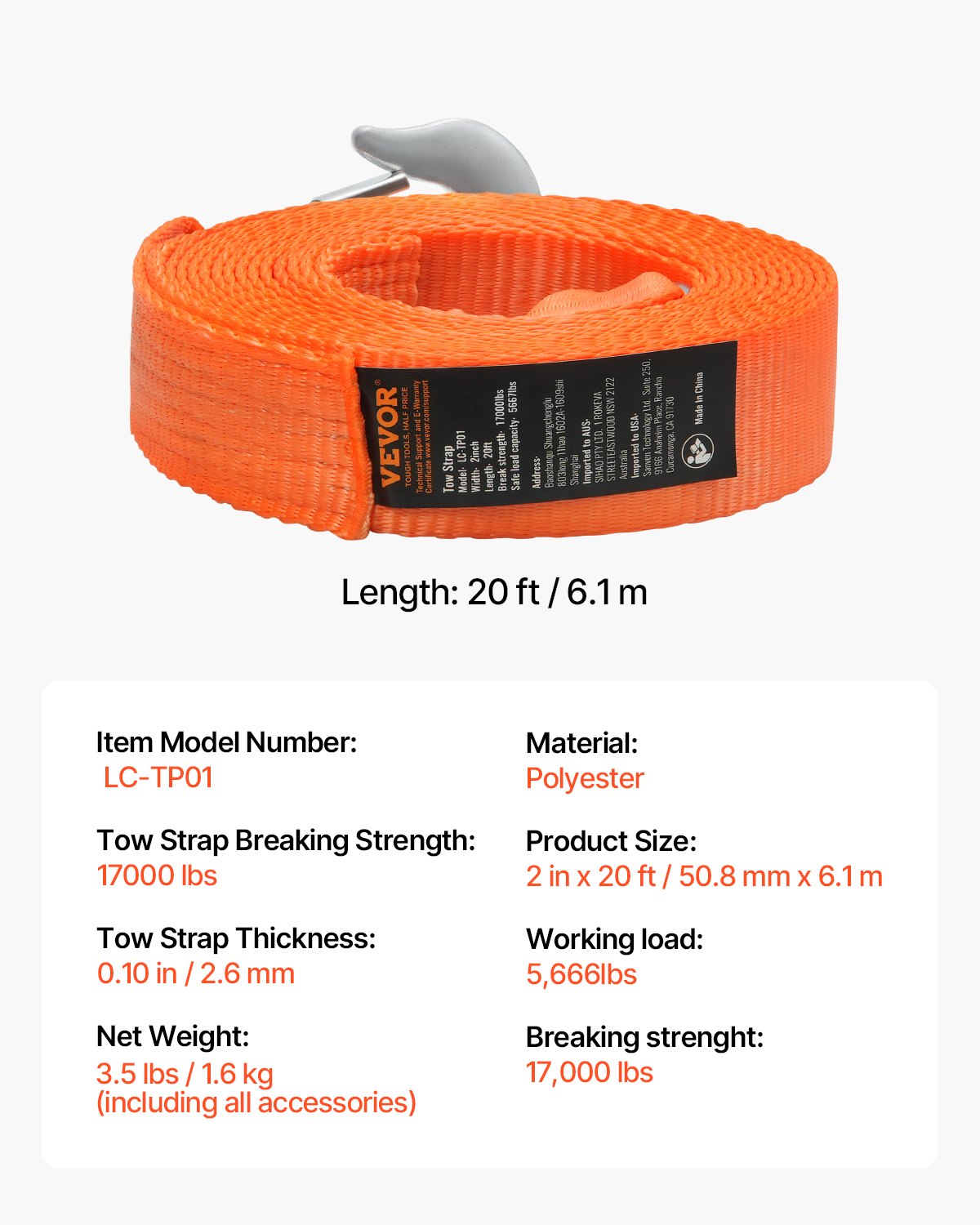 ATV-bogserrem med krokar, 50,8 mm x 6,1 m, 7711 kg kapacitet, hållbart bärgningsrep med säkerhetskrokar för lastbilar och fordon, viktigt bogseringstillbehör för vägassistans