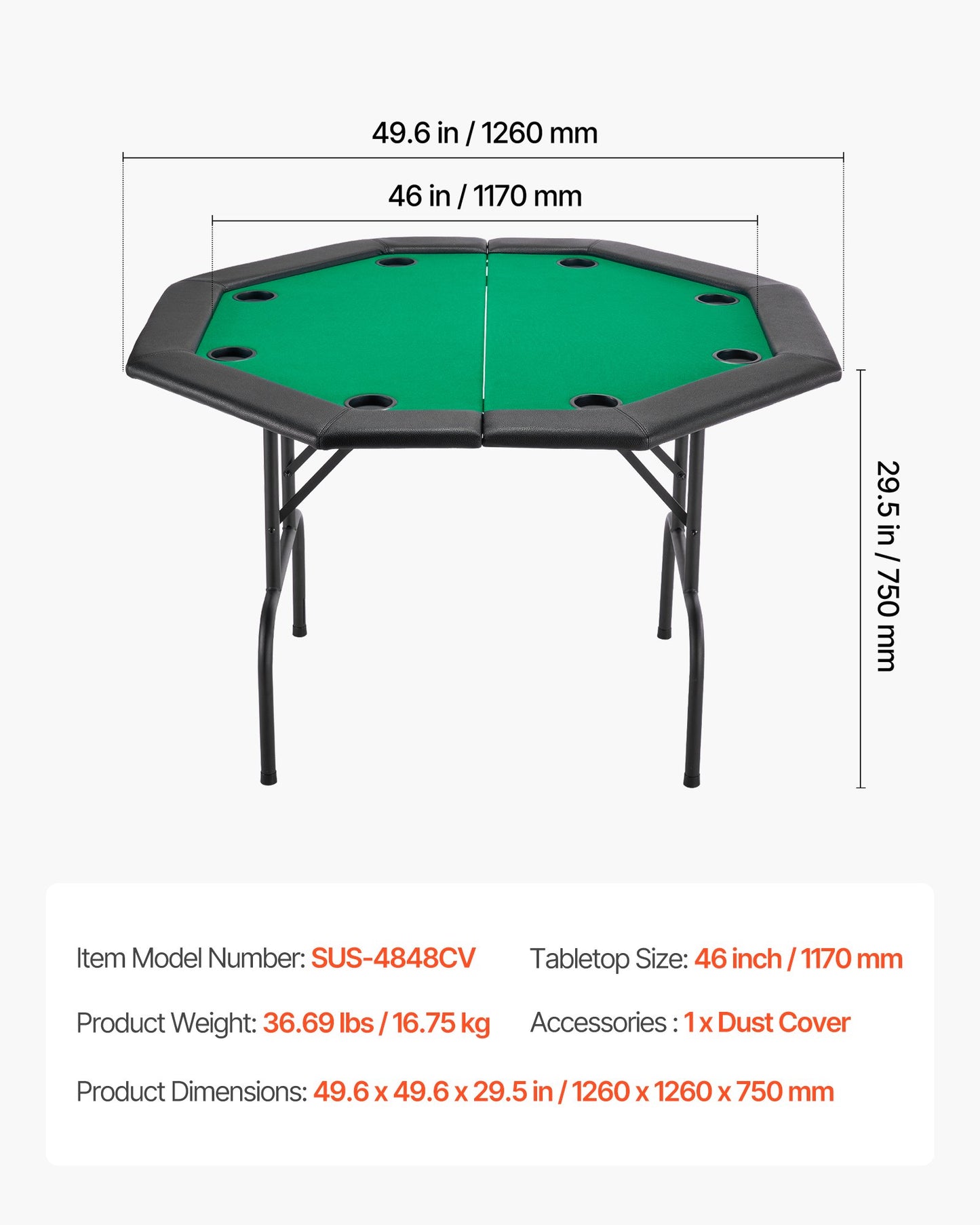 Hopfällbart pokerbord, 8 spelares 1220 mm hopfällbart kasinobord med vadderade skenor och mugghållare, åttkantiga bärbara spelbord med filt- och metallben, för Texas Hold'em-spel och Blackjack