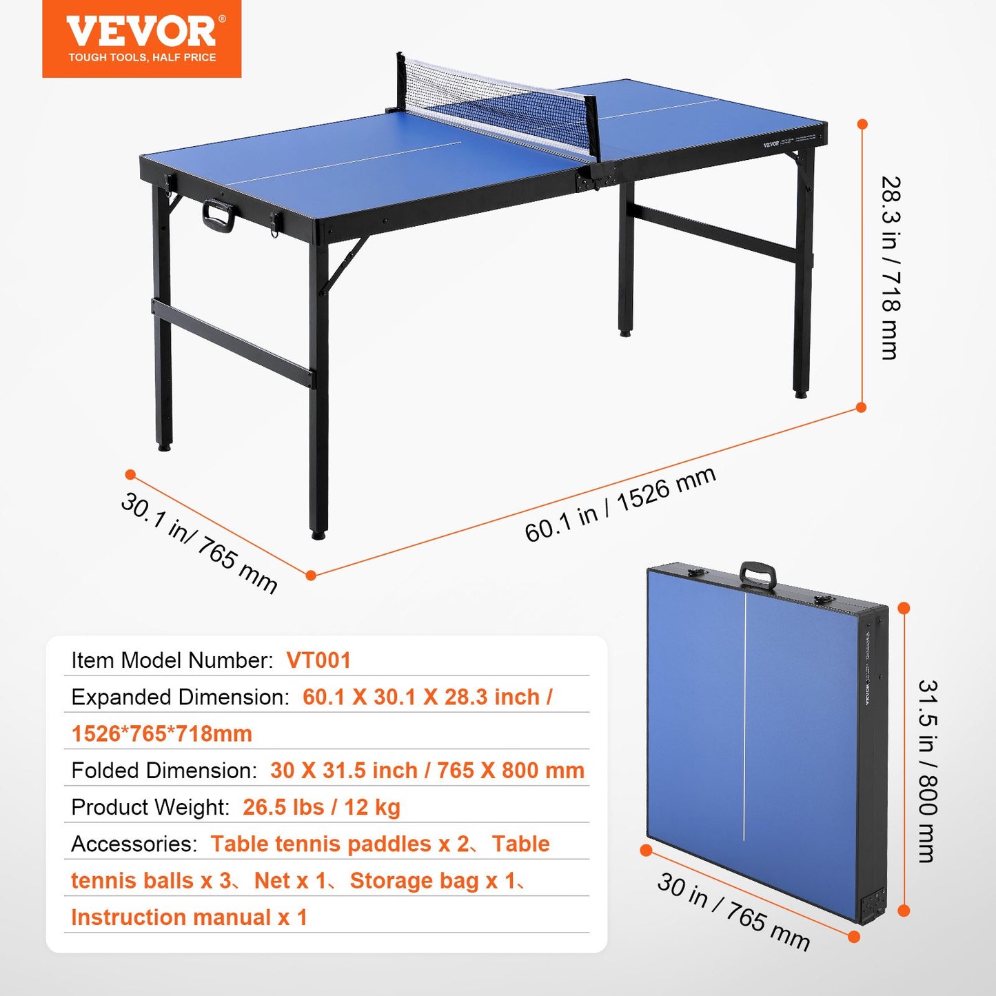 Pingisbord, medelstort bordtennisspel, inomhusbordtennisbord i MDF, hopfällbart och bärbart komplett pingisbordsset med nät, 2 paddlar, 3 bollar, bärväska, handtag (ingen montering krävs)