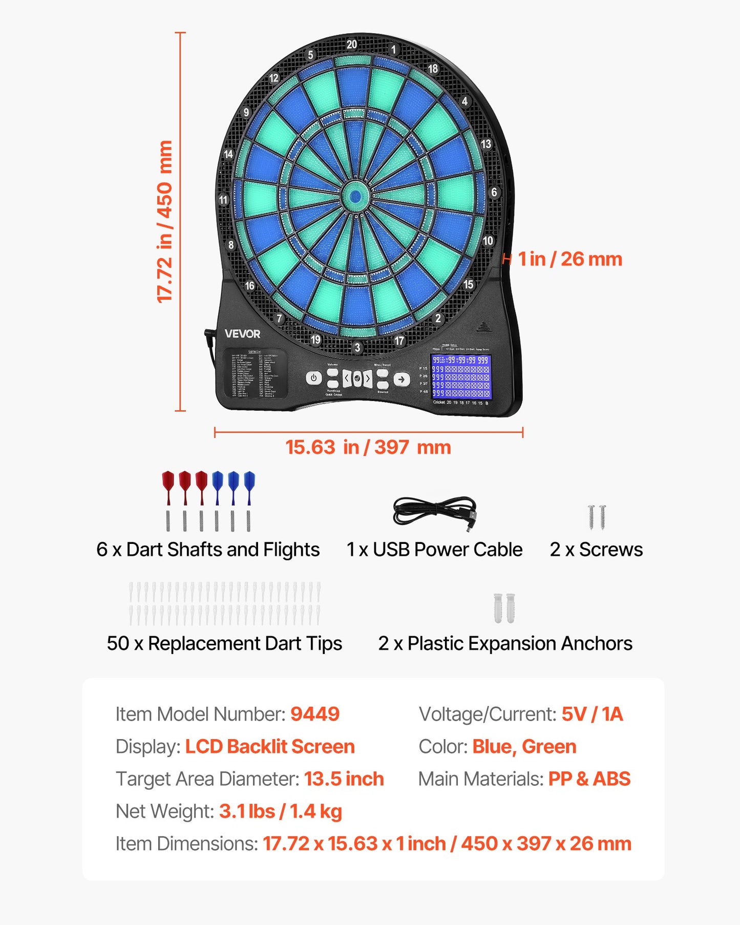 Elektronisk darttavla, LED-belyst darttavla med 48 spel och 500+ varianter, inkluderar 6 dartskaft med flights och 50 mjuka spetsar, LCD-skärm för cricketpoäng - stöder upp till 8 spelare