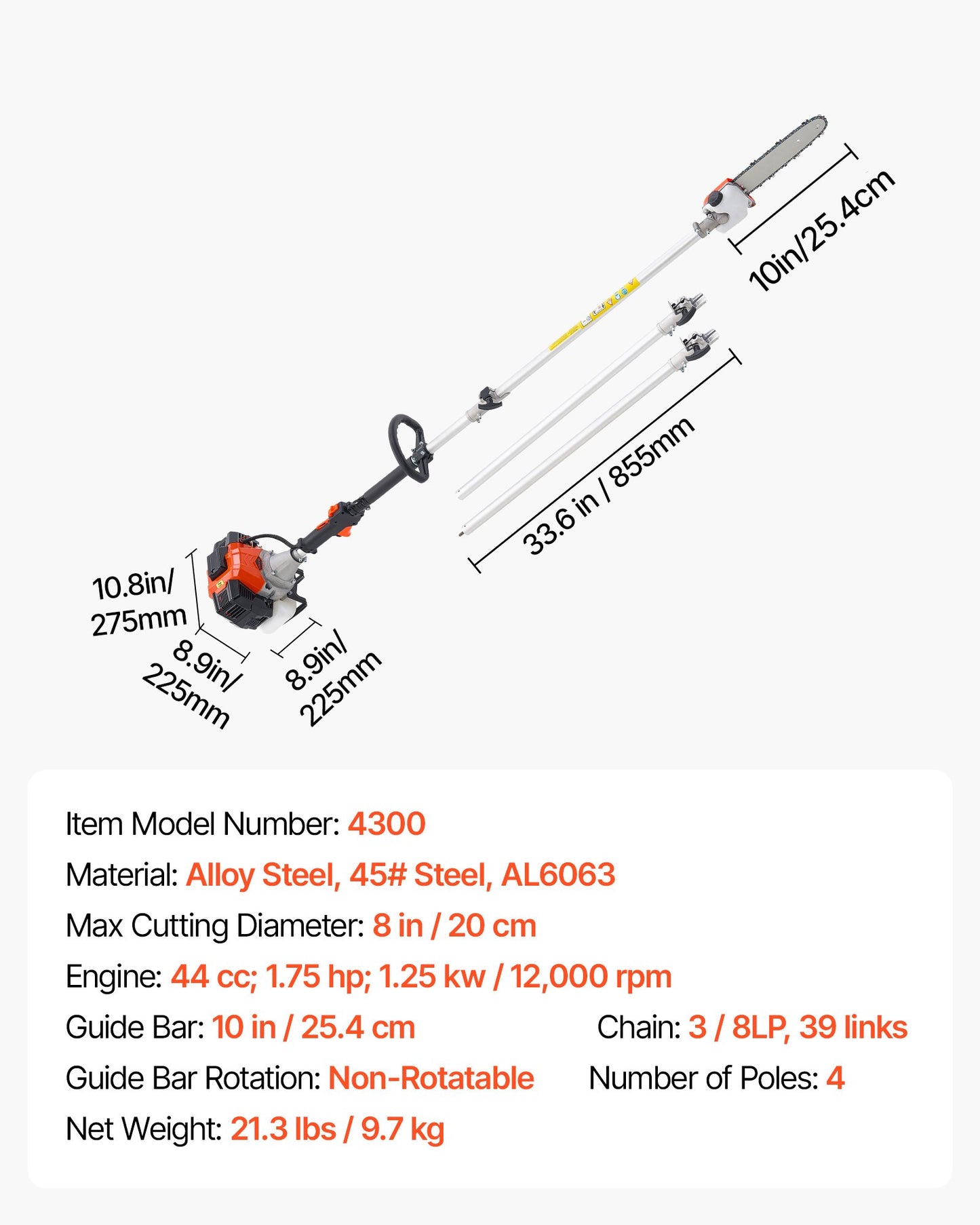 Bensindriven stångsåg, 33CC 2-takts bensindriven stångsåg med 20,3 cm skärsvärd, sladdlös trädtrimmer med 850 ml bränsletank, 2,08 till 3,58 m utdragbar, kraftfull motorsåg för trädbeskärning