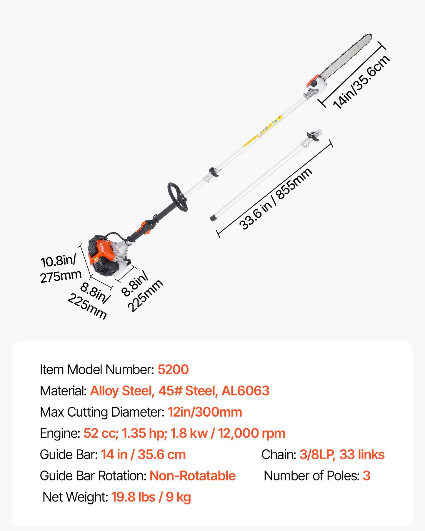 Bensindriven stångsåg, 33CC 2-takts bensindriven stångsåg med 35,6 cm skärsvärd, sladdlös trädtrimmer med 850 ml bränsletank, 2,2 till 2,94 m utdragbar, kraftfull motorsåg för trädbeskärning