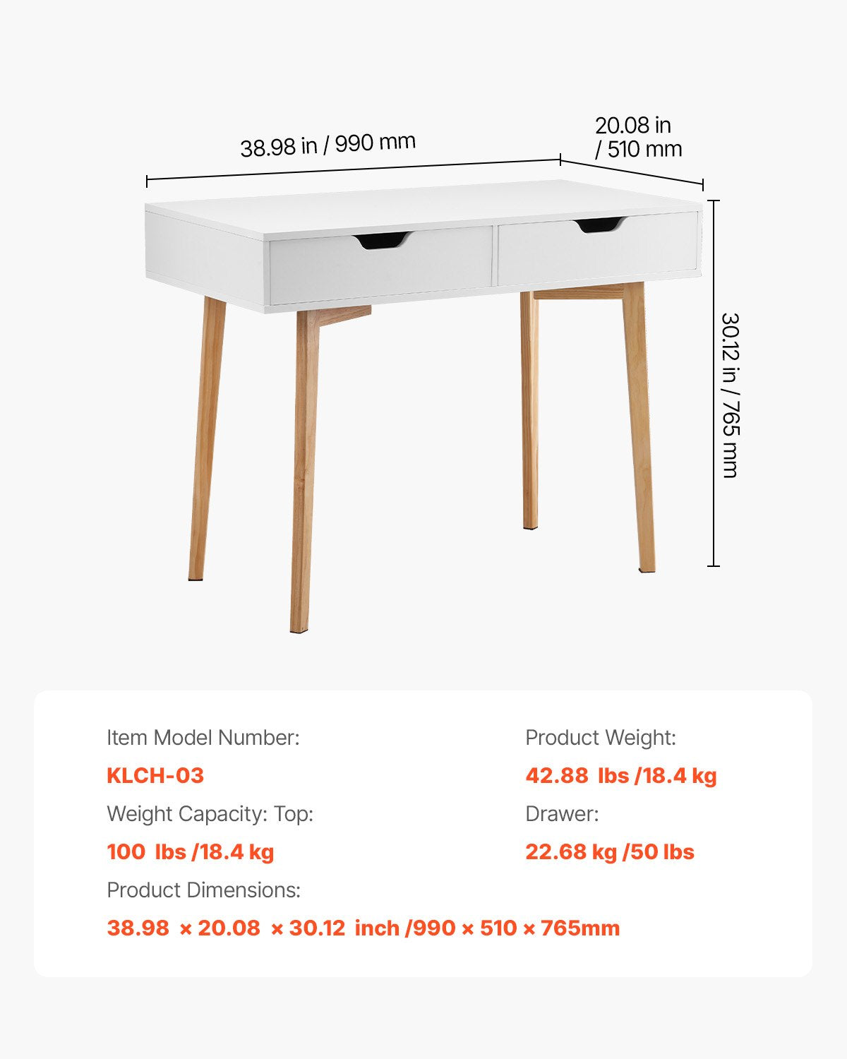 Litet skrivbord med lådor, barnskrivbord för sovrum, enkelt trästudiebord för teckning, läsning, skrivning, rektangulärt MDF-möbelstudiebord för hem, kontor, vit + trä