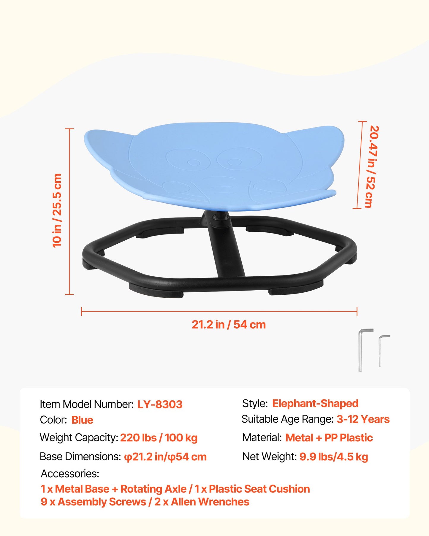 Kids Swivel Chair, 220 lbs Capacity, Elephant Shape Sensory Spinning Chair, Autistic Kids Sensory Toy Seat with Non-Slip Metal Base, Toddler Sit & Spin Seat for Coordination Balance Focus, Blue