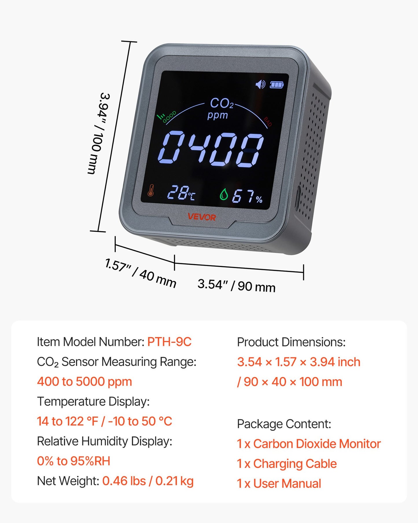 Carbon Dioxide Monitor, CO2 Controller with Temperature and Humidity Display, 4.57m NDIR Sensor Cable CO2 Sensor, Carbon Dioxide Detector for Bedside, Home, Office, Car, Lightweight & Portable