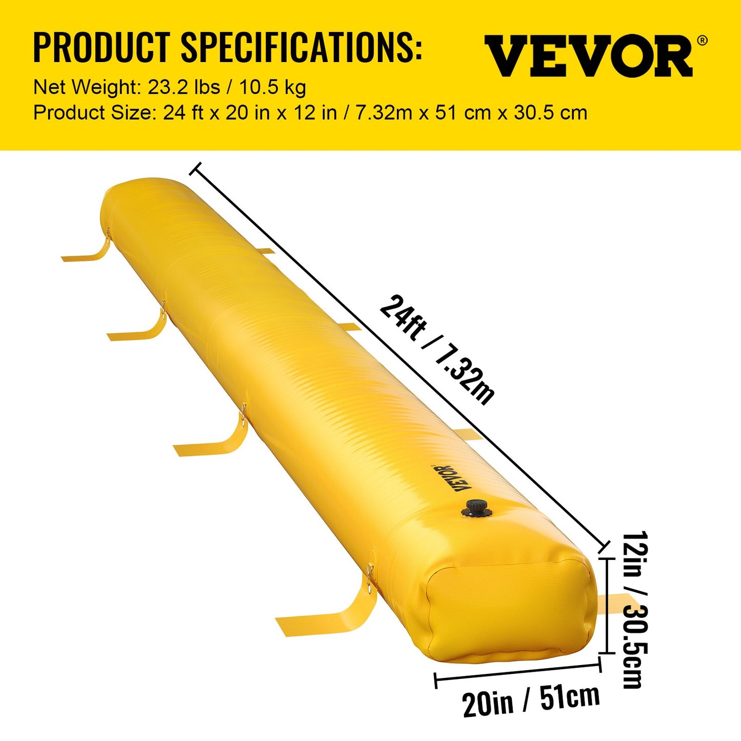 Översvämningspåse, 732 × 50,8 × 30,5 cm, återanvändbara PVC-vattenavledningsrör, lättvikt med utmärkt vattentät effekt, används för dörröppningar, garage, gul