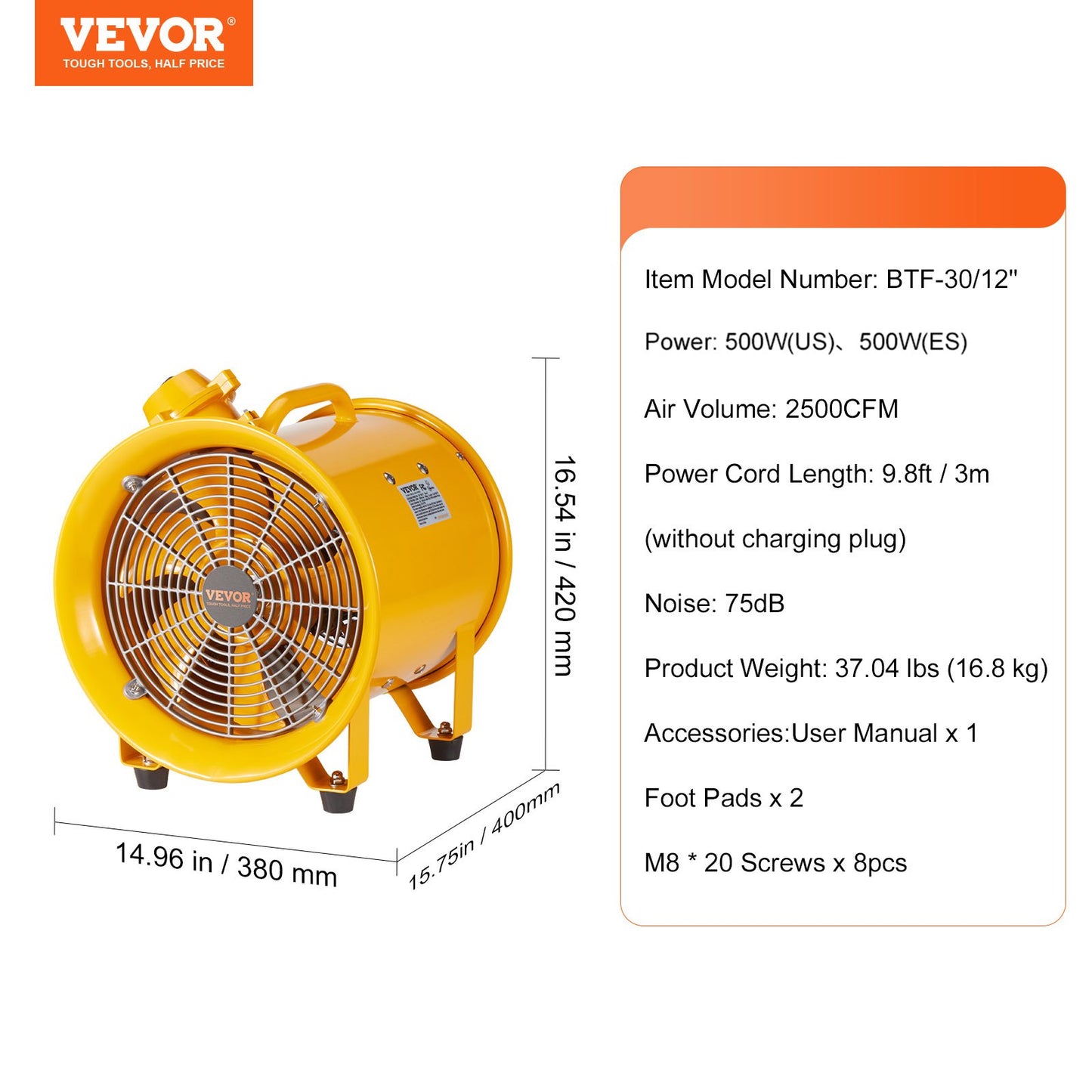 Bärbar fläkt, 304,8 mm kraftig cylinderfläkt, 500 W stark verkstadsfläkt 2500 CFM, 3 m nätsladd (inget laddningshuvud), industriell fläkt för att suga damm, rök hem/arbetsplats