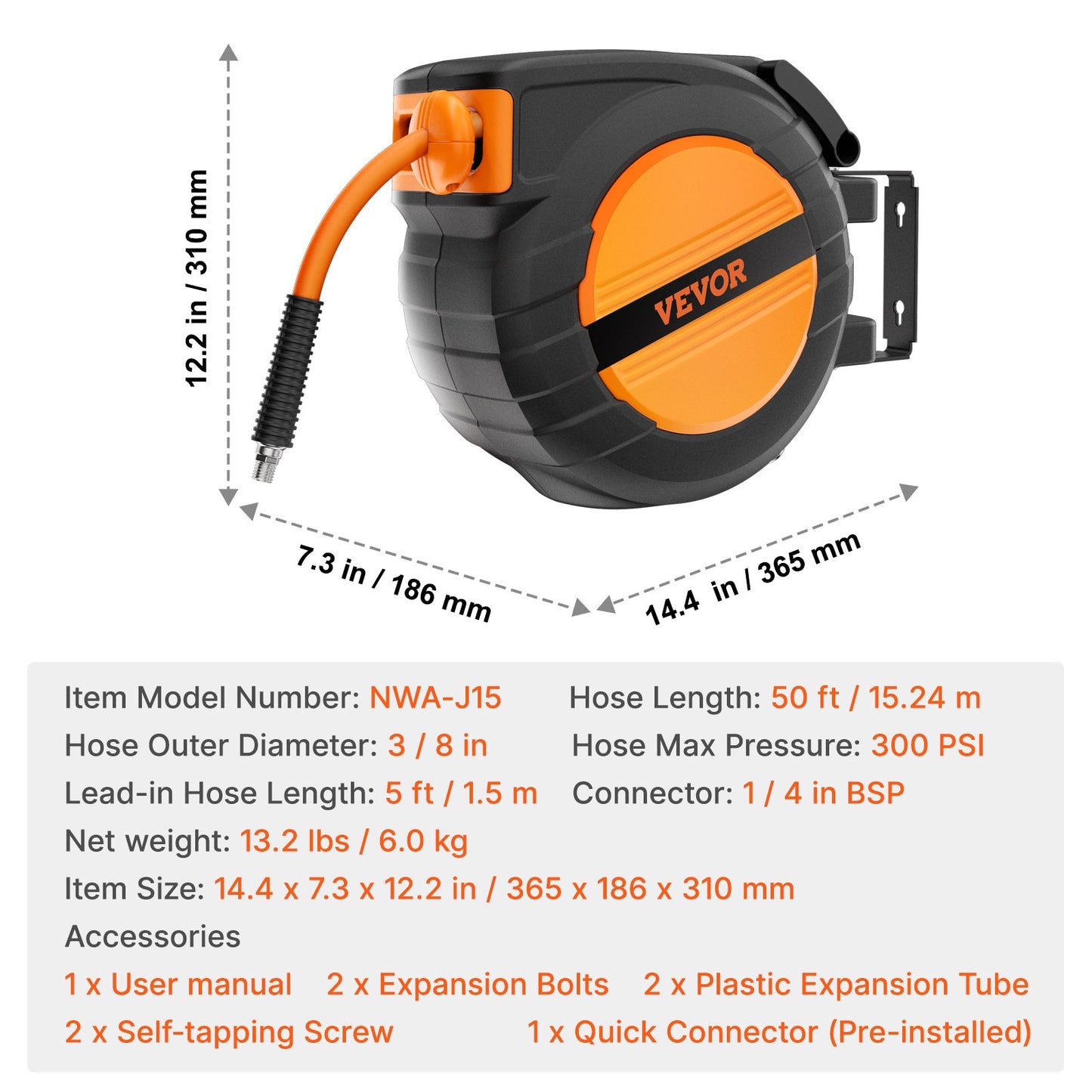 Indragbar luftslangvinda, 3/8IN x 50FT hybridluftslang max 300PSI, automatisk återupprullning av luftkompressorslangvinda med 5FT genomföring, tak-/väggmonterad, kapslad PP-vinda och inbyggd 180° vridbar konsol