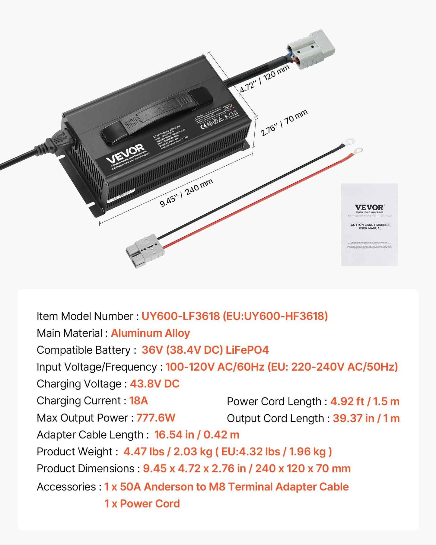 36V 18A Lithium Battery Charger, 43.8V, AC-DC LiFePO4 Smart Charger, with Anderson Connector, LED Indicator, 0V Activation, for Lithium LiFePO4 Deep Cycle Rechargeable Batteries of Boat, RV