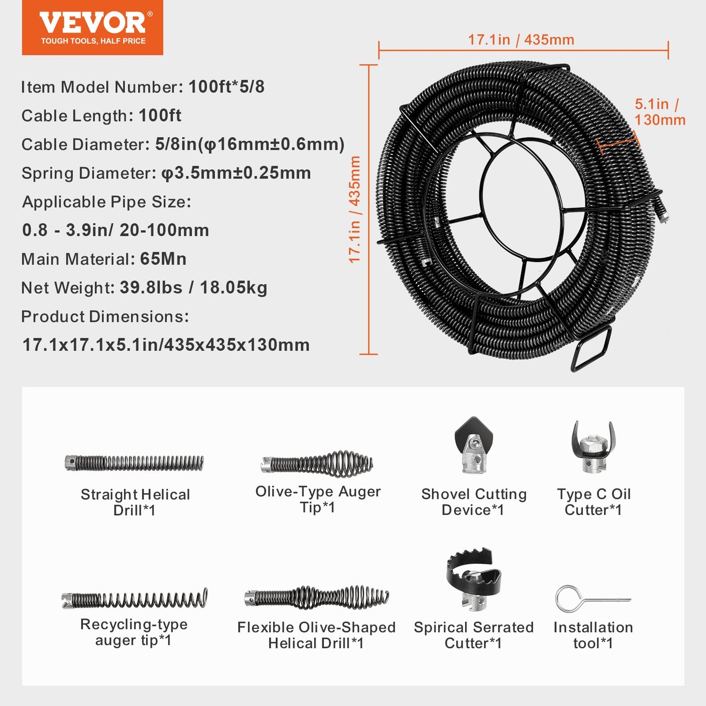 Sektionskabel för avloppsrensning 100FT/30,5 mx 5/8In/1,6 cm & 7 avbitartänger för rör 0,8"-3,9"/2-10 cm