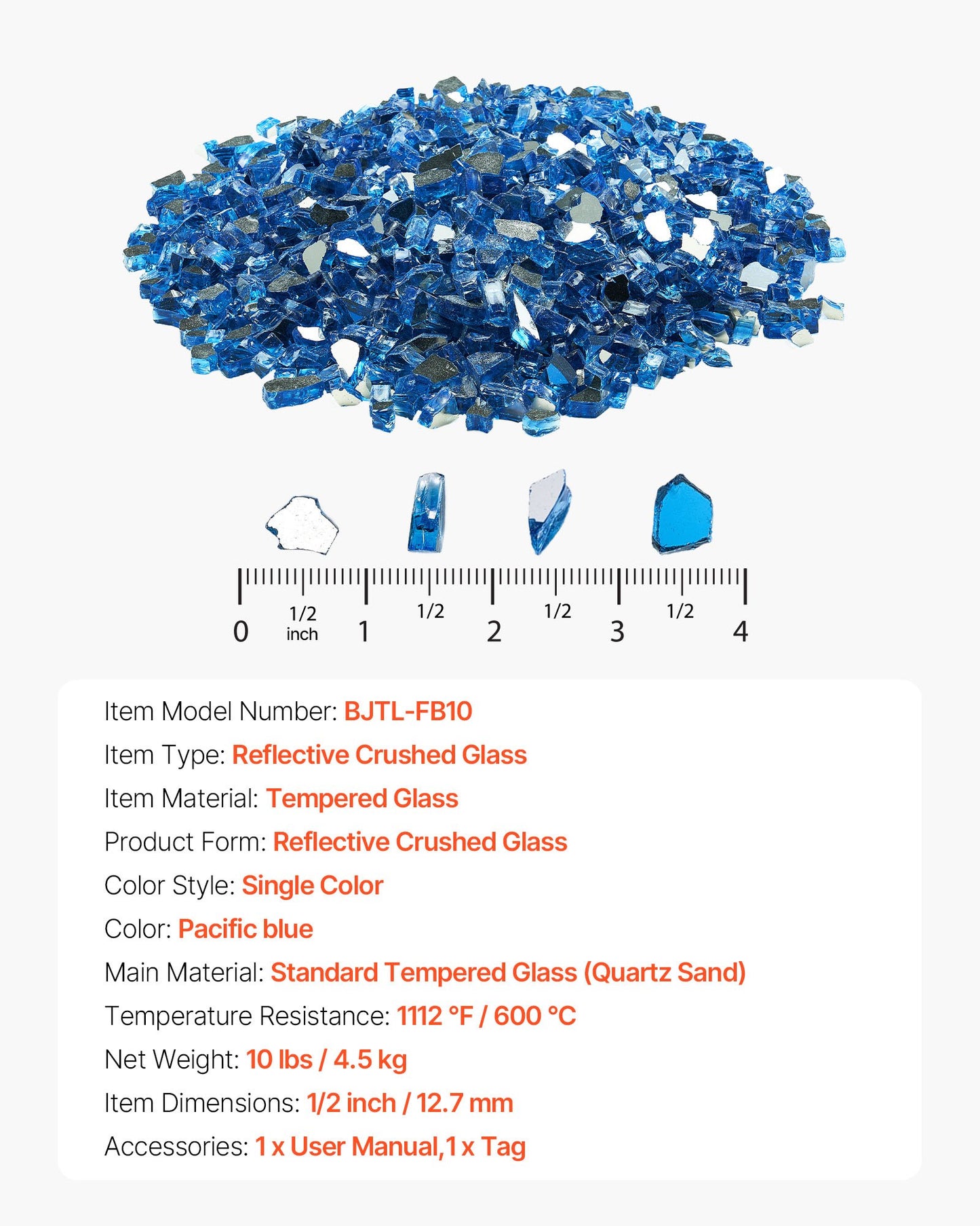 Eldglas, 4,5 kg högtemperaturbeständiga eldstadsstenar, 12,7 mm reflekterande och rökfria eldstadsglasstenar, högglanssten för eldstadsbord, Pacific Blue