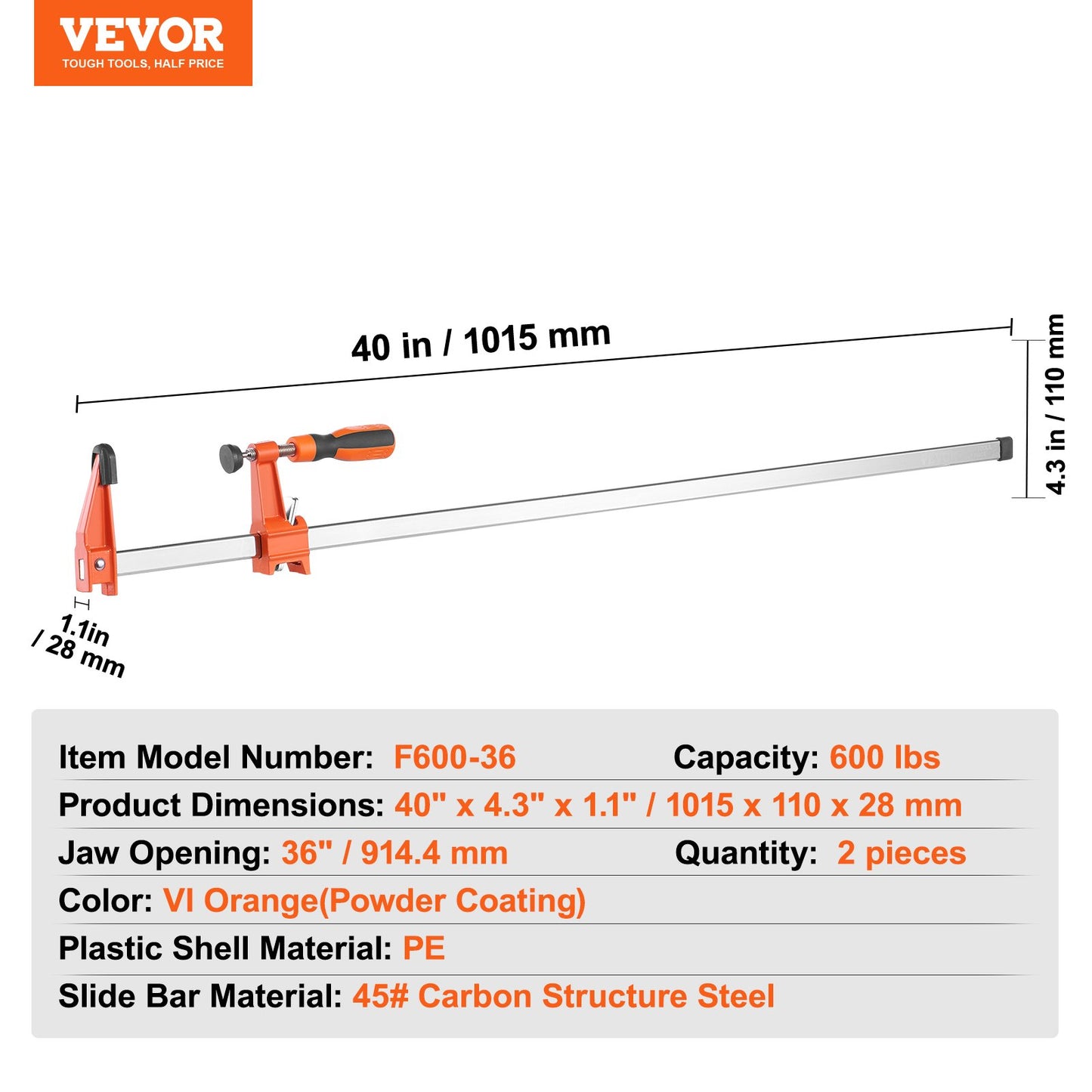 Stångklämmor för träbearbetning, 2-pack 914,4 mm klämma/spridare, snabbväxlings-F-klämma med 600 lbs belastningsgräns, 63,5 mm halsdjup, gjutjärn och kolstål, träklämmor för träbearbetning metallbearbetning