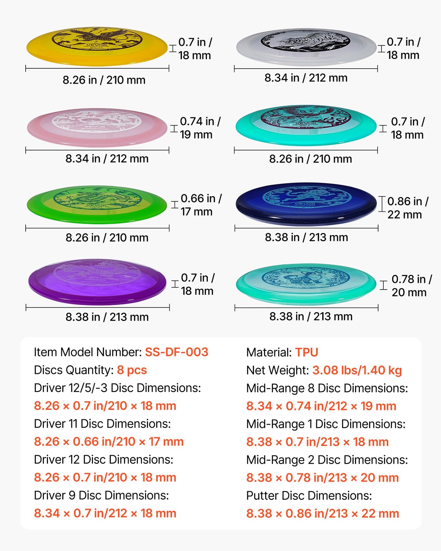 Discgolfset, 8-pack discgolfstartset, nybörjare med flygande discs för helkroppsstyrketräning, med putter, mellanregister, driver, PDGA-godkänd, för utomhusbruk, bakgård, gräsmatta, strand och park