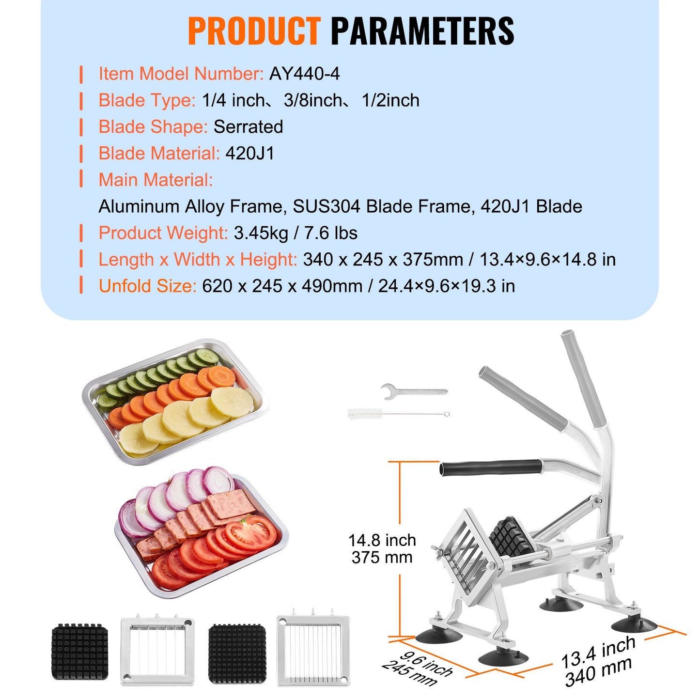 Kommersiell grönsaksskärare, 1/4"+3/8"+1/2" fruktskärare, grönsaksskärare i rostfritt stål och aluminiumlegering, manuell skivare med halkfria fötter, för rädisor, lök, potatis