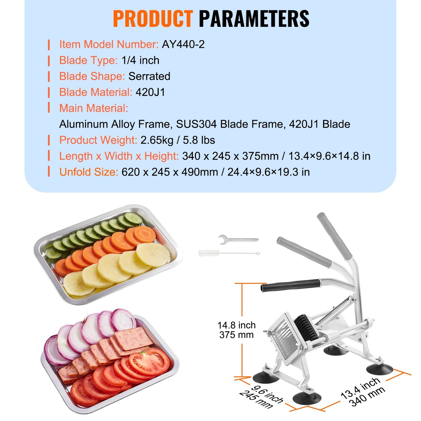 Kommersiell grönsaksskärare, 1/4 tums fruktskärare, grönsaksskärare i rostfritt stål och aluminiumlegering, manuell skivare med halkfria fötter, för rädisor, lök, potatis, citroner