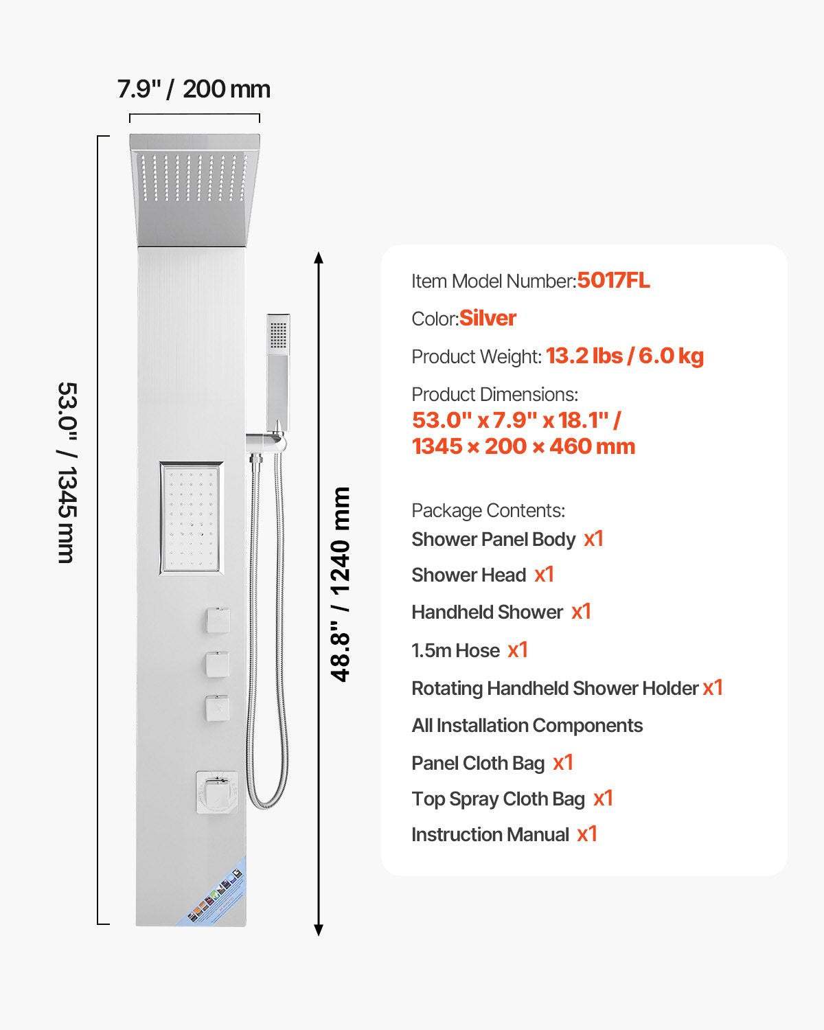 Duschpaneltornsystem med regnduschmunstycke, 133 cm duschpelare i borstat rostfritt stål, 3-funktionsblandare, väggmonterat högtryckssystem för regnmassage, med stor kroppsstråle, handhållen