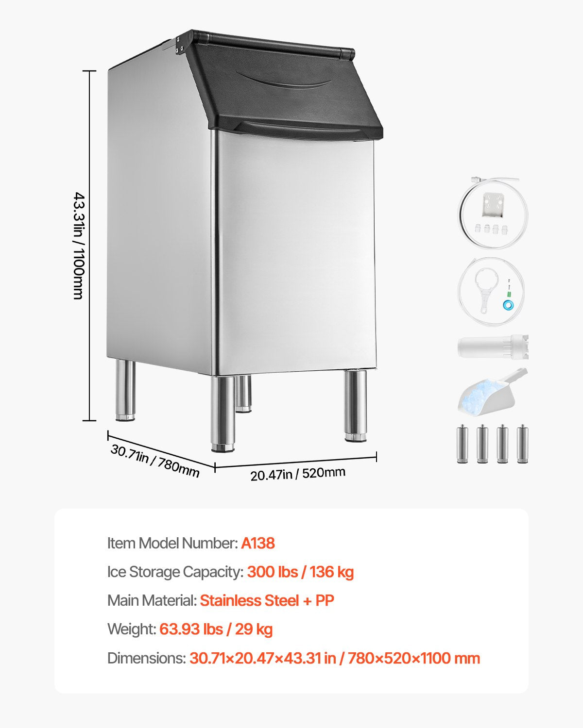 Förvaringsbehållare för kommersiell ismaskin, islåda med kapacitet på 136 kg, förvaringsbehållare i rostfritt stål för kommersiell is med justerbara halkfria gummifötter, lämplig för restauranger, hotell och dryckesbutiker