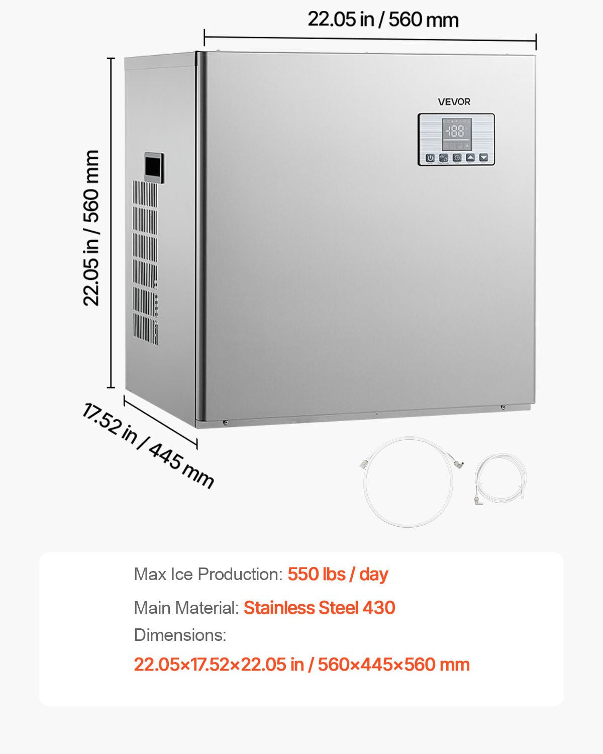 Kommersiell ismaskin - huvud, 250 kg/dag ismaskin i rostfritt stål med schemalagd istillverkning, självrengörande, justerbar tjocklek, idealisk för restaurangbar café hotell - endast huvud