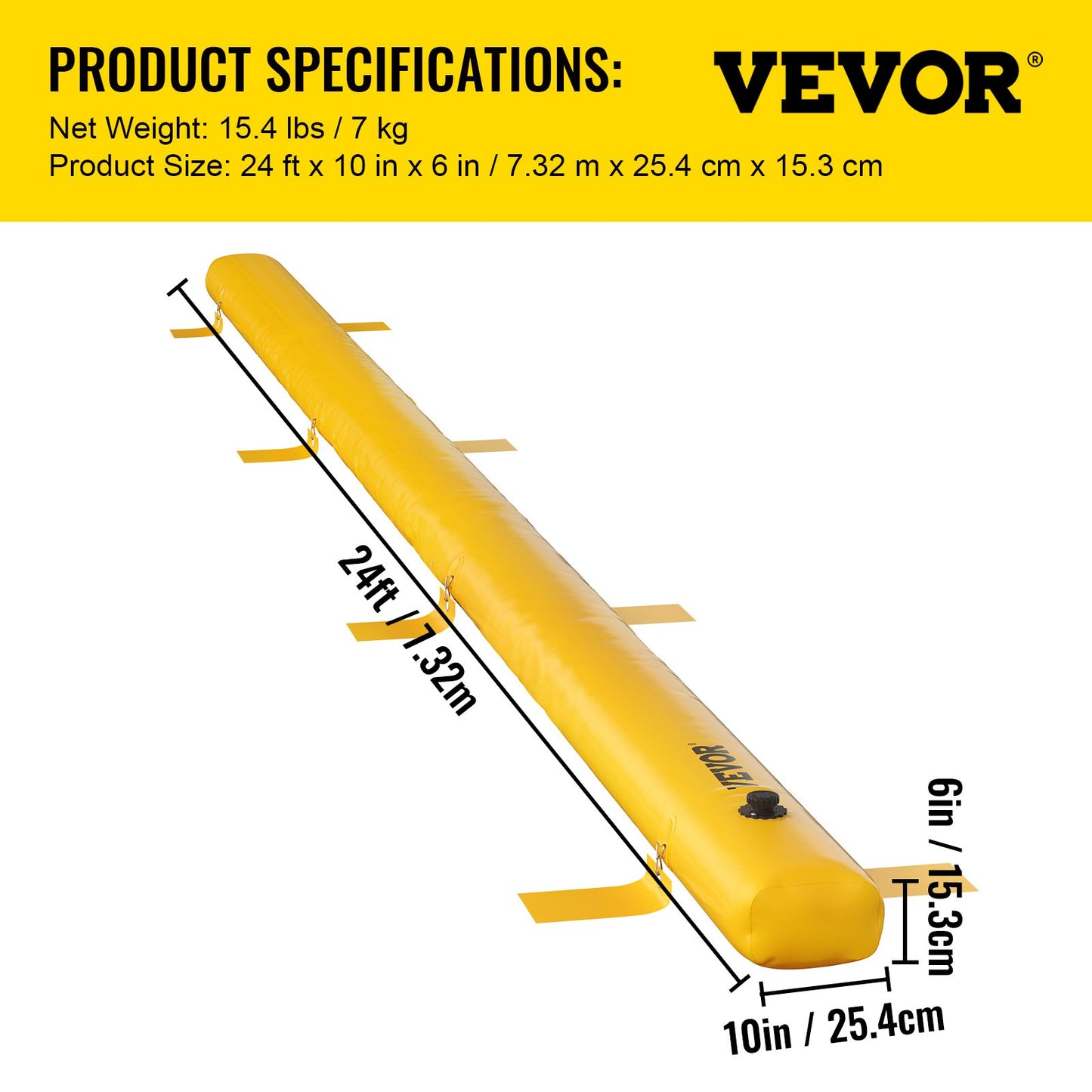 Översvämningsbarriär, 732 × 25,4 × 15,3 cm, återanvändbara PVC-vattenavledningsrör, lättviktig vattenbarriär med utmärkt vattentät effekt, används för dörröppningar, garage, gul