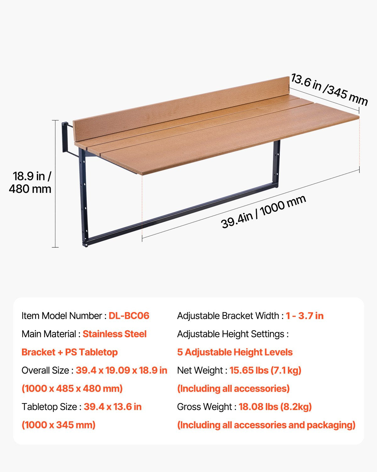 Hängbord för balkong, 15 x 39 tum hopfällbart balkongräckebord, barbord för utomhusbalkong för räcken, justerbart i 5 nivåer, passar räcken från 2,5 cm till 14,3 cm, serveringsbord för uteplats och altan