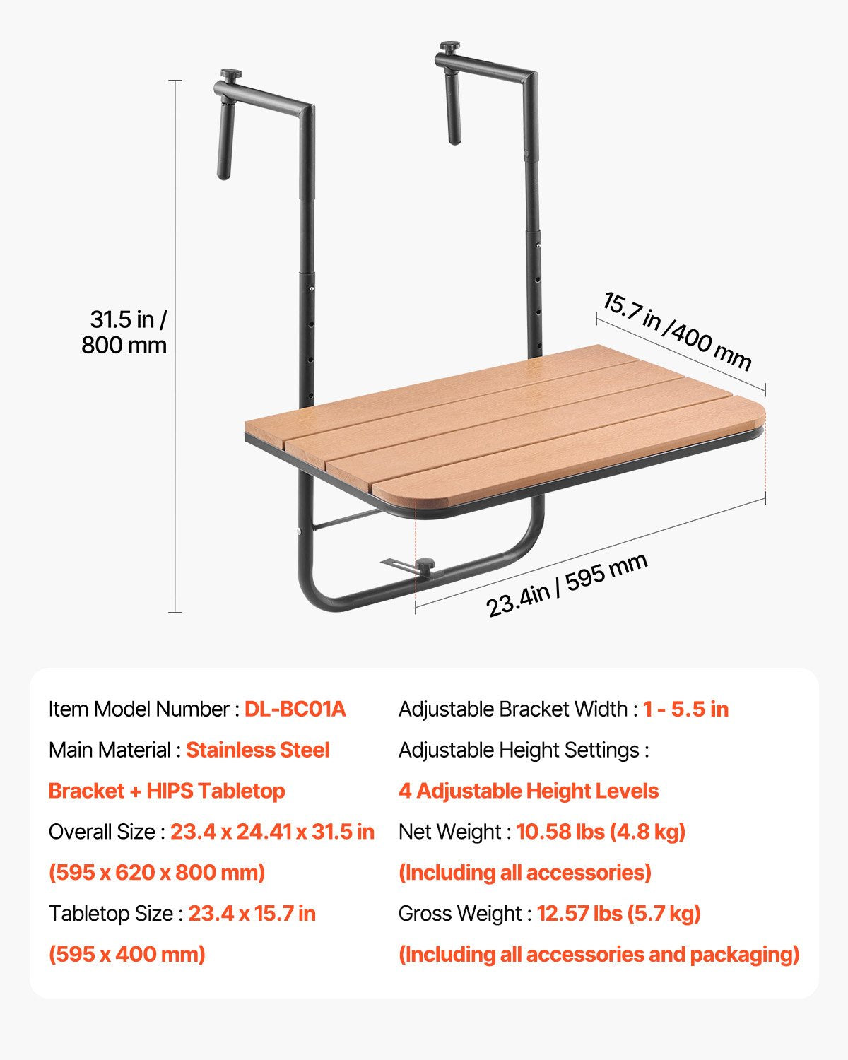 Hängbord för balkong, 25 x 24 tum hopfällbart balkongräckebord, barbord för utomhusbalkong för räcken, justerbart i 4 nivåer, passar räcken från 1" till 8,27", serveringsbord för uteplats och altan