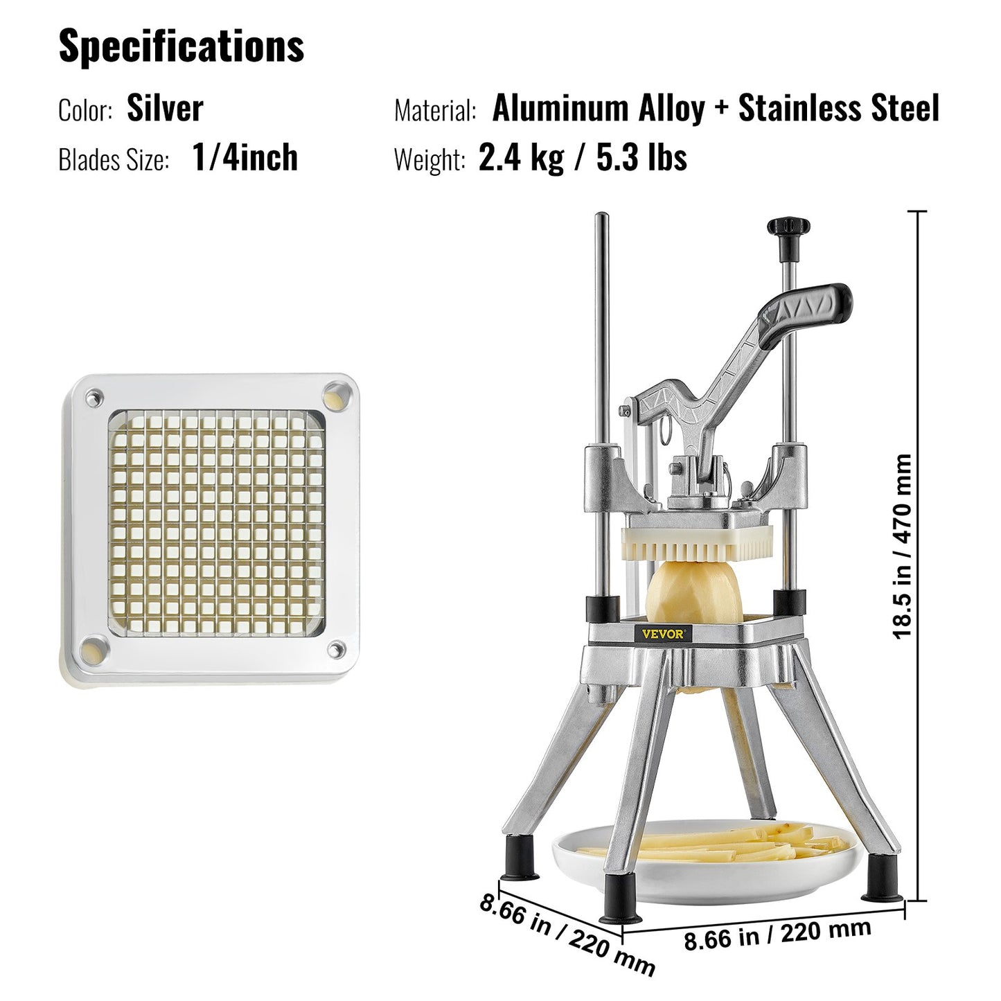 Kommersiell grönsakshackare med 0,64 cm blad, kraftig professionell tärnare, Kattex pommes frites-skärare, lökskärare, rostfritt stål, för tomat, paprika, potatis och champinjoner
