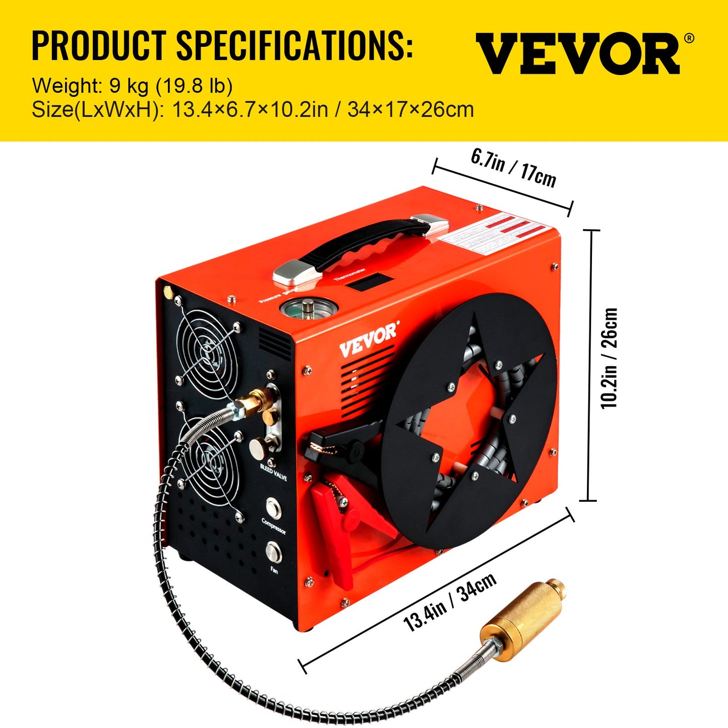 PCP-luftkompressor, 350W 2700 RPM bärbar dykkompressor, 4500 Psi högt tryck med 8 mm snabbkoppling och inbyggd kylfläkt, 1,5L tank med automatisk avstängning, drivs av hem- och bilbatteri