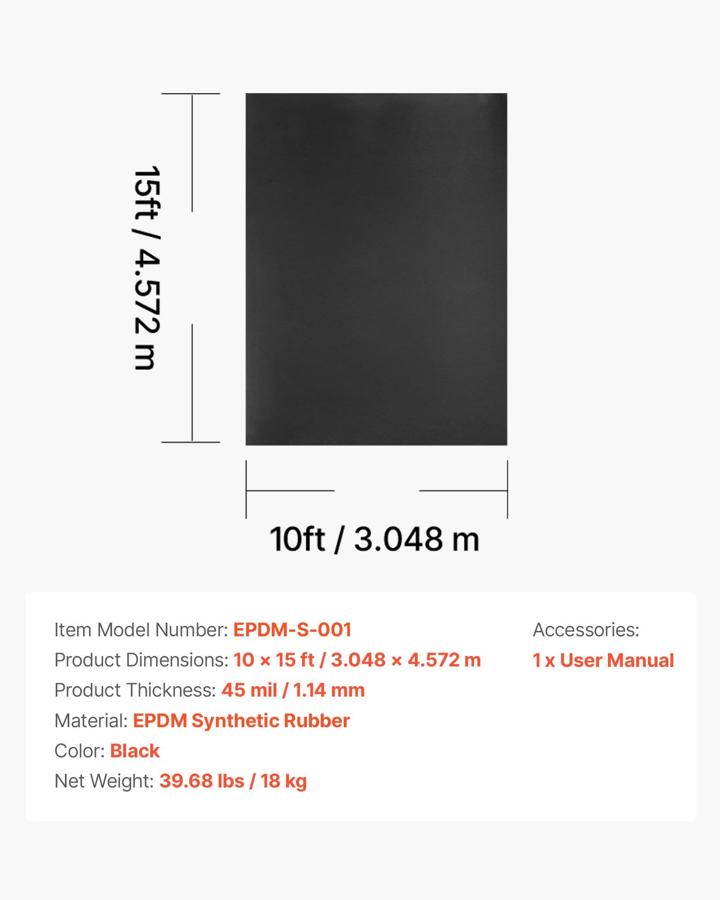 Rulltak, 10 x 15 fot, 45 mil EPDM-gummitak, lång livslängd och väderbeständig, tål hårda temperaturer, flexibel och enkel installation, takunderlag för husbilar, tak, dammar