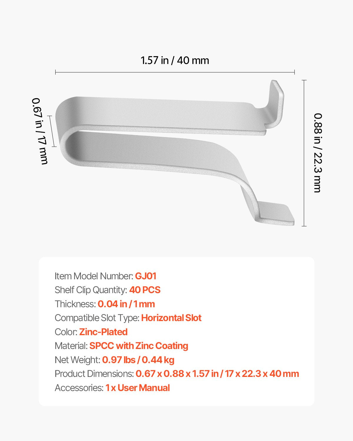 Hyllklämmor, 40-pack, justerbara hyllklämmor i stålpilaster för metall-, trä- och glashyllor, kompatibla med garderober, skåp, bokhyllor, skohyllor och displayställ (silver)