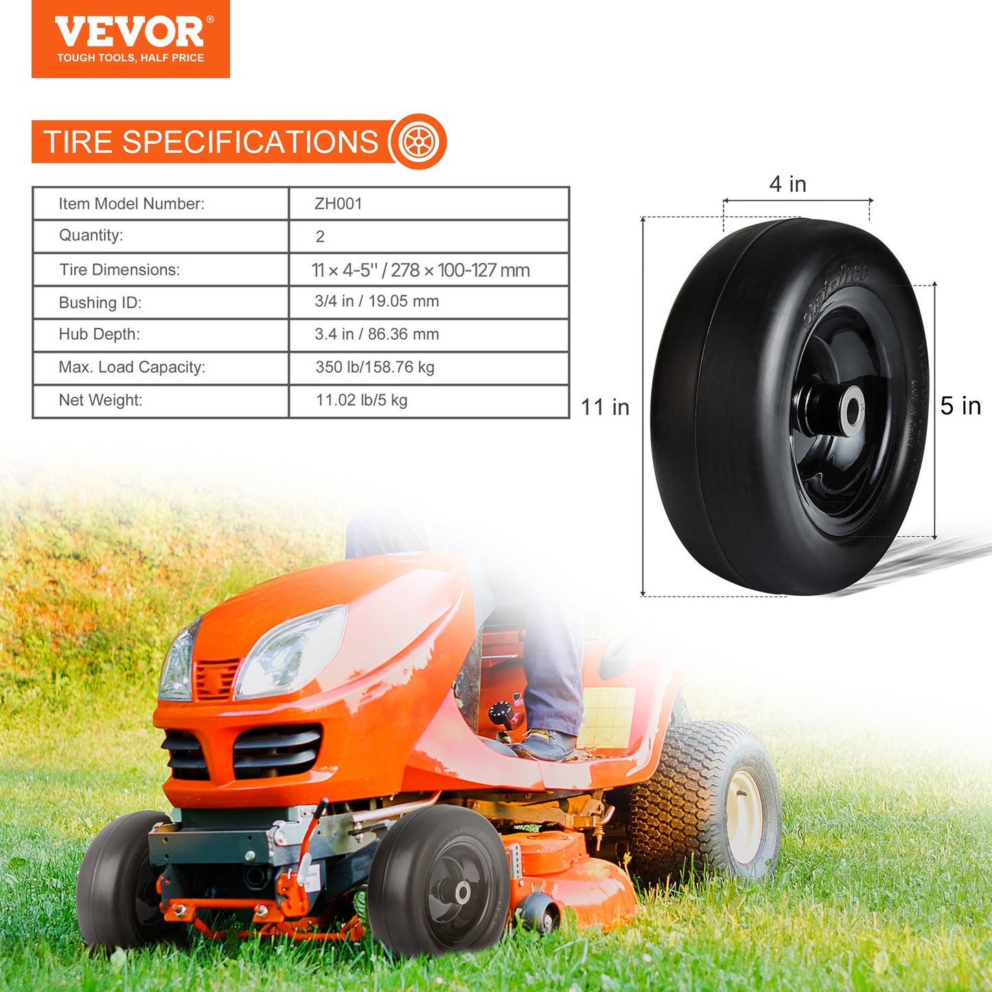 Lawn Mower Tires with Rim, 11x4-5" Tubeless Tractor Tires, 2-Pack Tire and Wheel Assemby, Flat-free PU Tire, 3.4" Centered Hub, 3/4" Bushing Size, 20 PCS Adapters for Riding Mowers Lawn Tractors