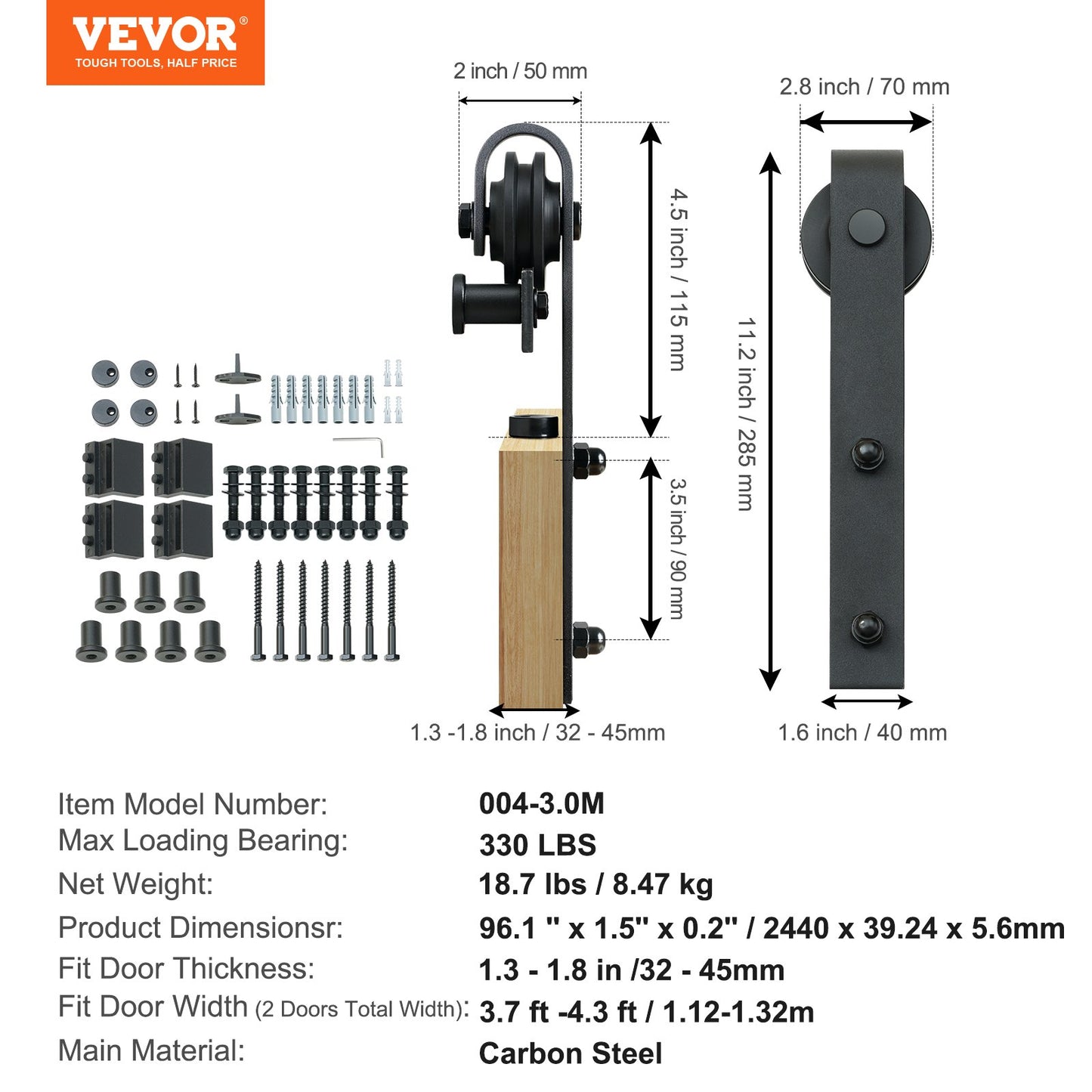 243,8 cm skjutdörrsdetaljer, 149,7 kg kraftiga laddörrsskenor för dubbeldörrar, passar 112-131 cm total bredd och 3,3-4,6 cm tjocka 2 dörrpaneler, med smidig och tyst remskiva (J-form)