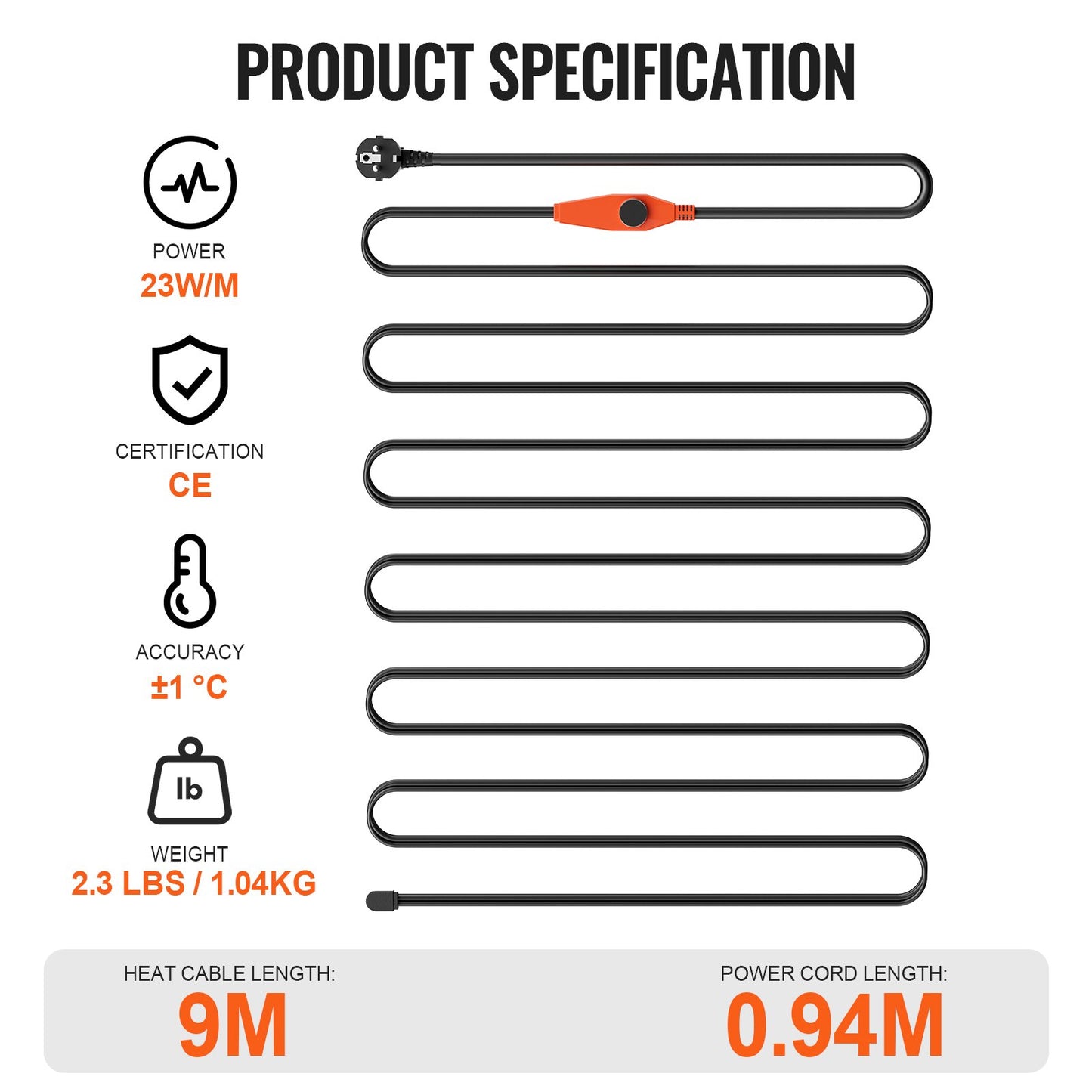 Rörvärmekabel, 9m 23W/m värmetejp för rör med inbyggd termostat, vattenrörsvärmekabel skyddar PVC-slang, metall- och plaströr från frysning
