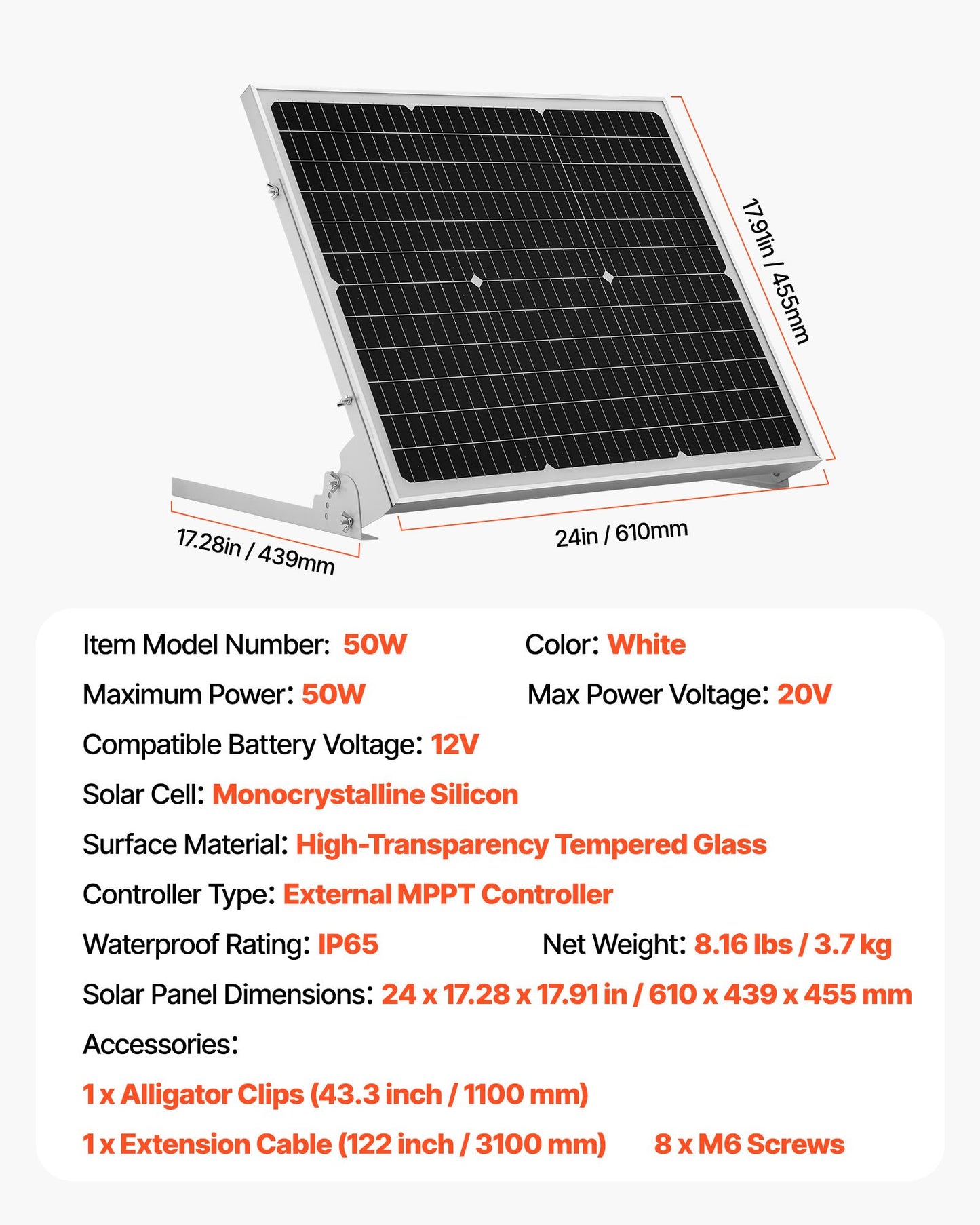 50W 12V solcellsbatteri underhållsladdare, mono solpanel batteriladdare med uppgraderad MPPT-kontroller och justerbart monteringsfäste, IP65 vattentät för bil båt husvagn hustak