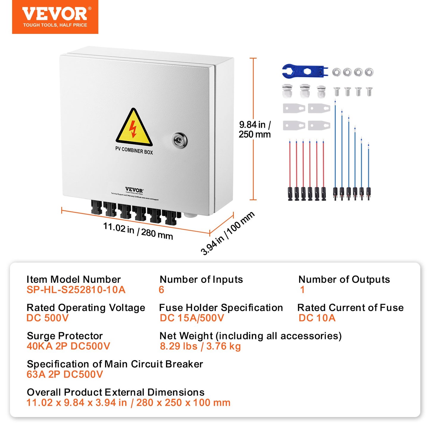 PV-kombinationsbox, 6-strängad, solkombinationsbox med 10A märkströmssäkring, 63A brytare, åskskydd och solkontakt, stålhölje för solpanelsystem på/av elnät, IP65