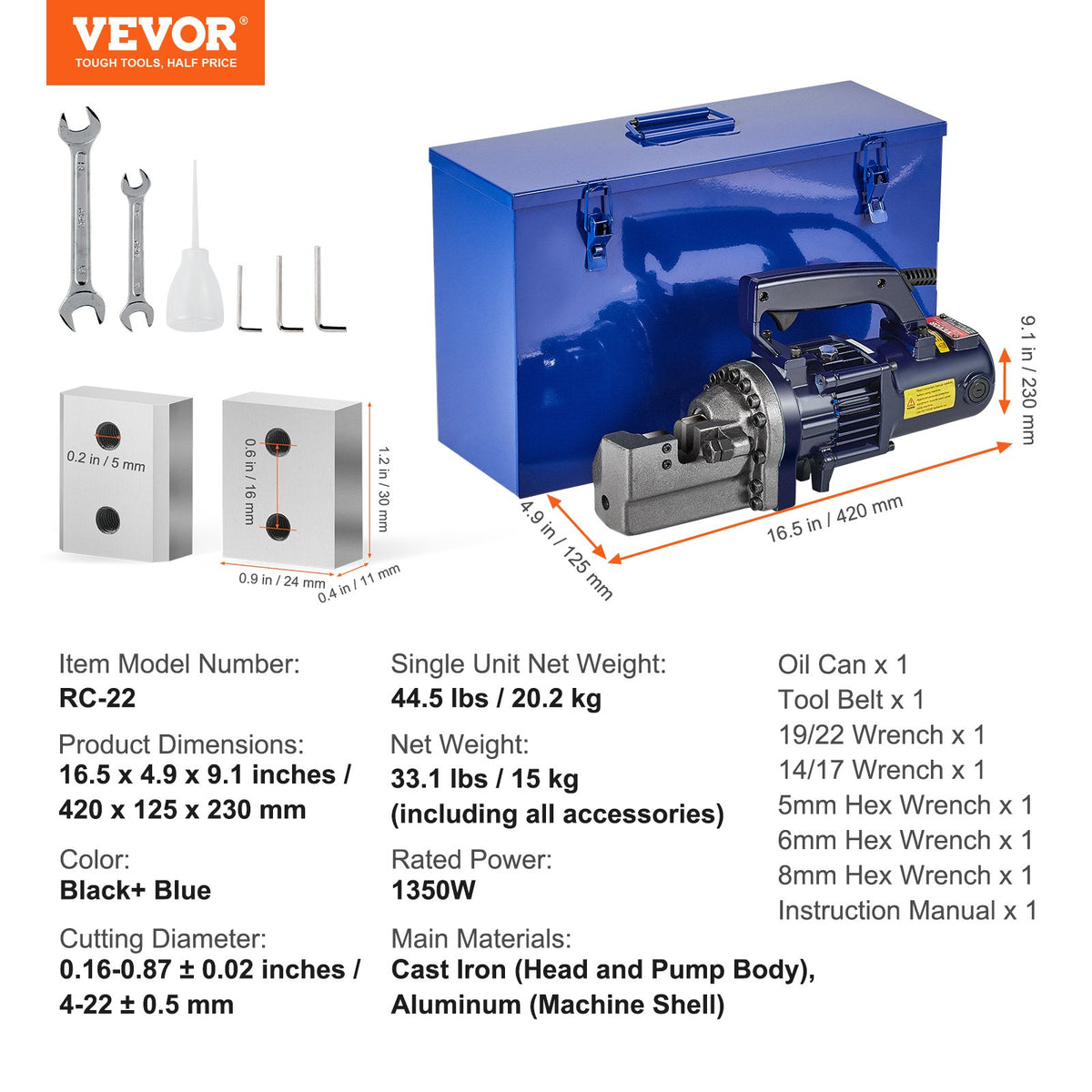 Elektrisk hydraulisk armeringsskärare, 1350W bärbar armeringsskärare, skär upp till 7/8 tum #7 (4-22 mm) armering inom 3,5 sekunder, högpresterande armeringsskärare i stål med verktygsväska och oljekanna, svartblå RC-22