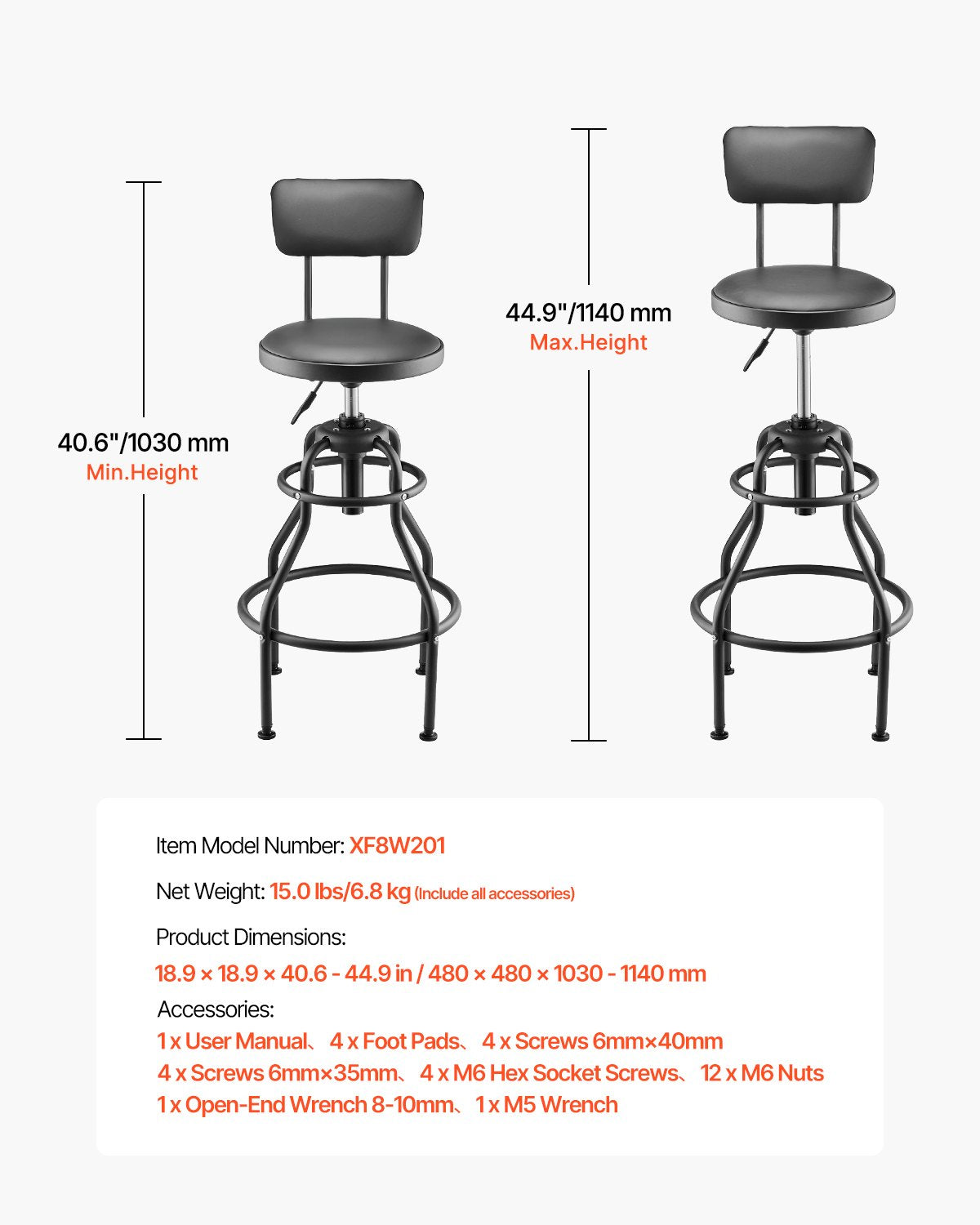 Verkstadspall med ryggstöd, pneumatisk garagestol/arbetspall med 136 kg kapacitet, justerbar höjd med rullsäte, 360° vridbar vadderad verkstadspall, för garage, verkstad och bilreparationer, svart