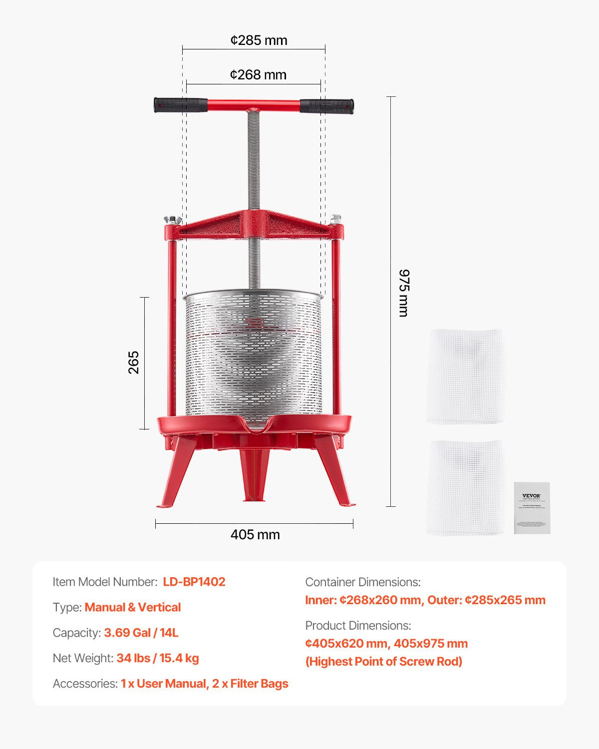 3,69 gal/14 l fruktvinpress, korg i rostfritt stål med tvärbalk och triangulär struktur, manuell juicepress, cider-, äppel- och druvtinkturpress med T-handtag för kökshem